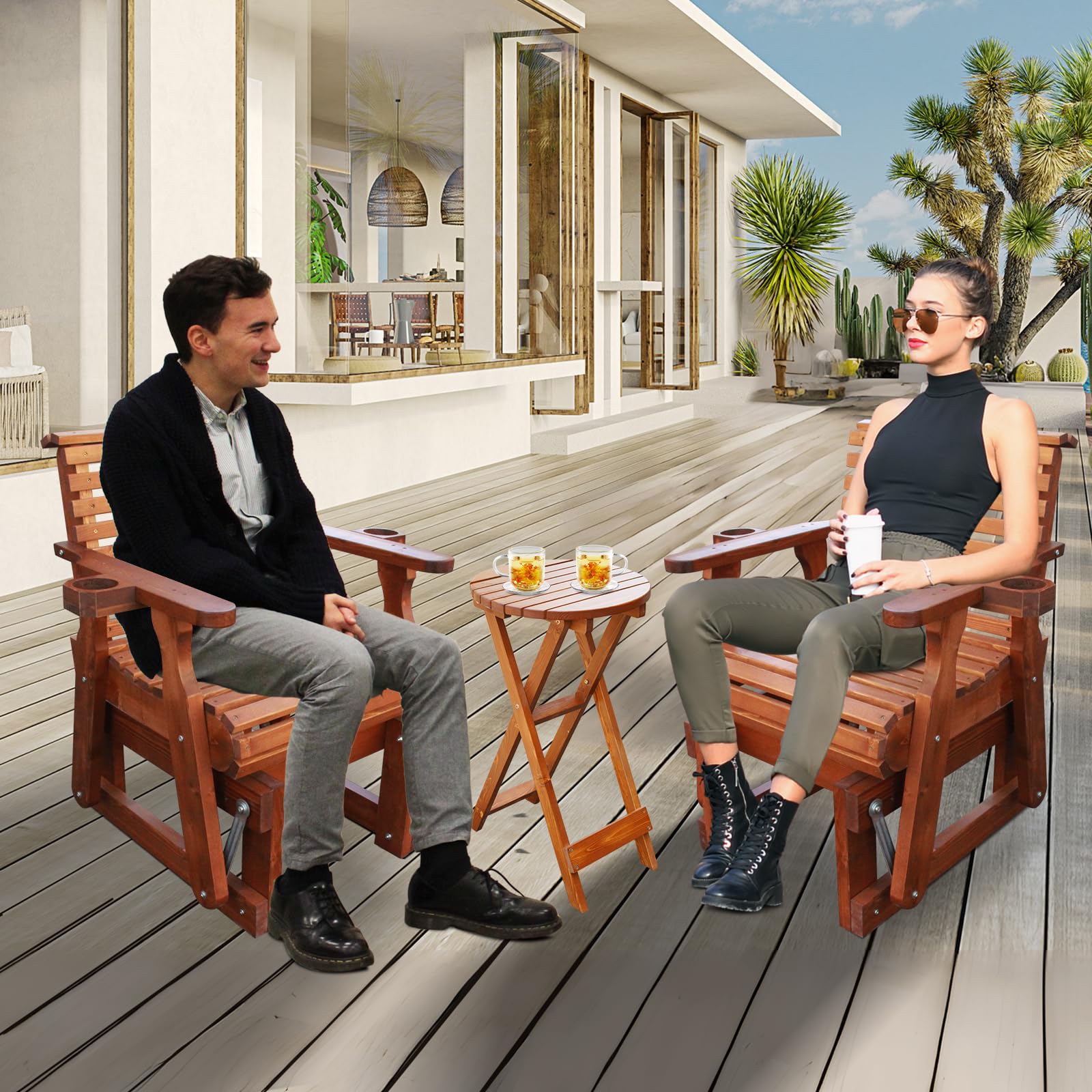 3-Piece Outdoor Glider Patio Furniture Set with Round Side Table - Wooden Porch Swing Chair with Cup Holder, High Back & Deep Contoured Seat - Perfect for Porch, Patio, Balcony & Garden Relaxation - Cedar Brown