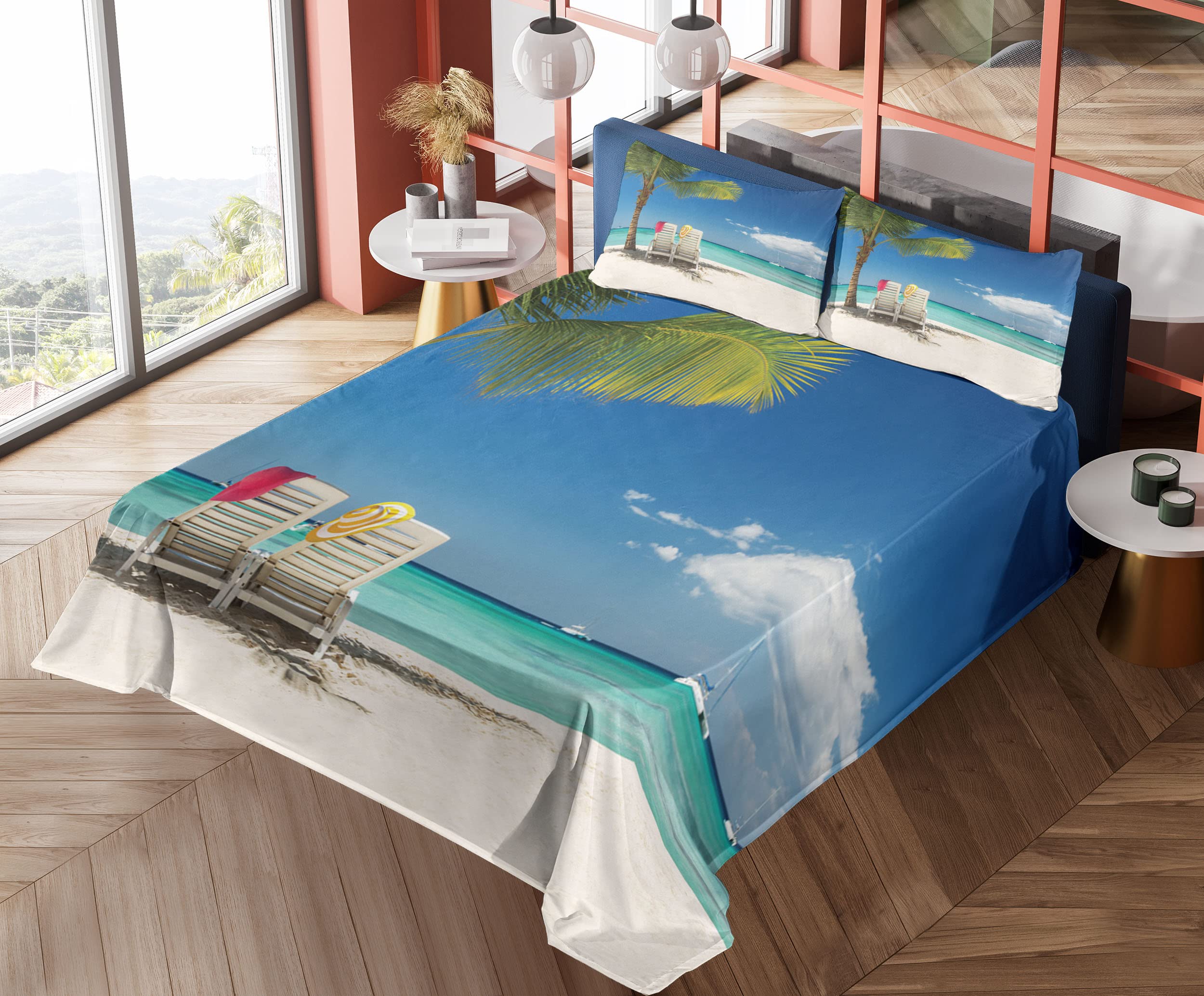 Ambesonne Seaside King Size 4-Piece Sheet Set - Ocean Beach Panoramic Print with Palm Trees, Chairs & Boats - Soft Fitted & Flat Sheets + Pillowcases (Green/Blue) - Perfect for Coastal Bedroom Decor & Vacation Home Styling