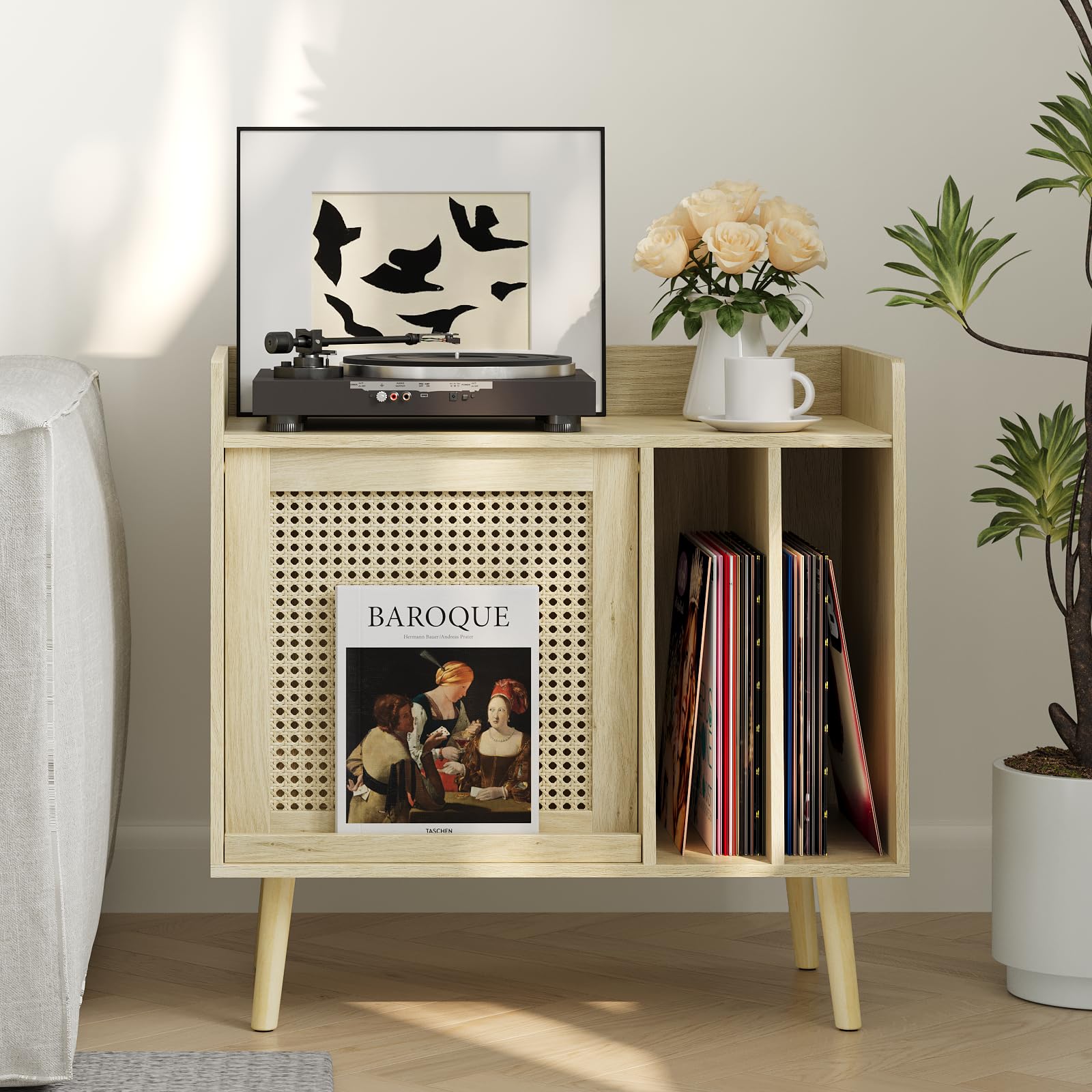 Vintage Vinyl Record Player Stand with Storage - Rattan Cabinet Door & Solid Wood Legs - Turntable Side Table with Display Area for Living Room & Home Decor