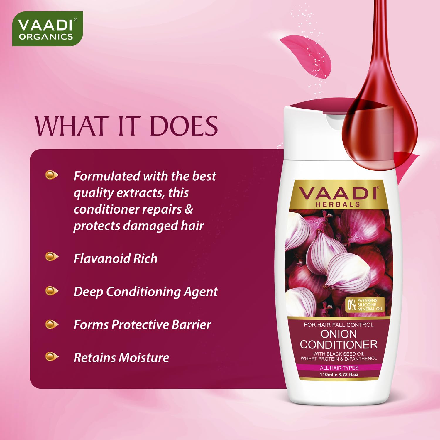 Vaadi Herbals Onion Hair Fall Conditioner for Dry Damaged Hair - Sulfate Free with Onion Extract, Black Seed Oil & Wheat Protein - Deep Hydration for Frizzy Hair - Perfect for Daily Hair Care & Repair (110ml)