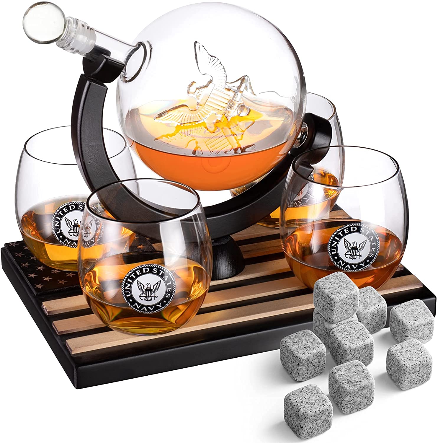 Premium U.S. Navy Globe Whiskey Decanter Set with 4 Crystal Glasses & 9 Whiskey Stones - Veteran Gift Box with Wooden Base - Patriotic Military Bourbon Scotch Gifts for Men, Dad - Perfect for Home Bars, Man Caves & Navy Themed Parties
