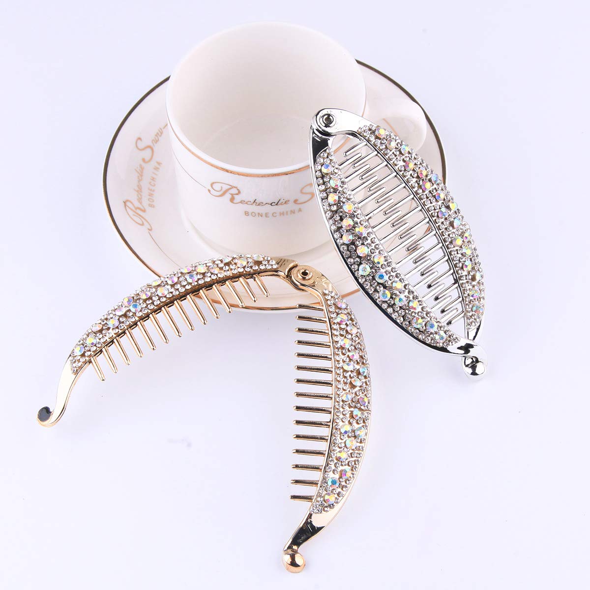 Lurrose 4pcs Rhinestone Fish-Shaped Hair Claw Clips - Gold & Silver Banana Hair Clips with Rounded Edges for Women & Girls - Perfect for Parties, Weddings, and Everyday Hairstyling