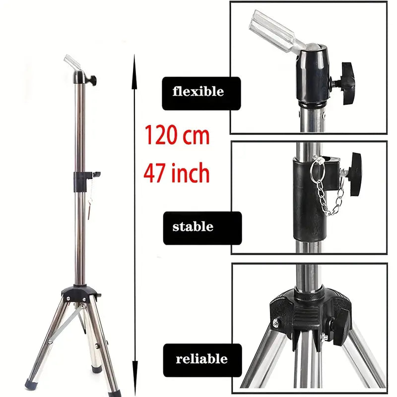Heavy Duty Adjustable Wig Stand Tripod - 120cm Black for Salon, Cosplay & Styling - Perfect for Professional Hairstylists & Wig Enthusiasts