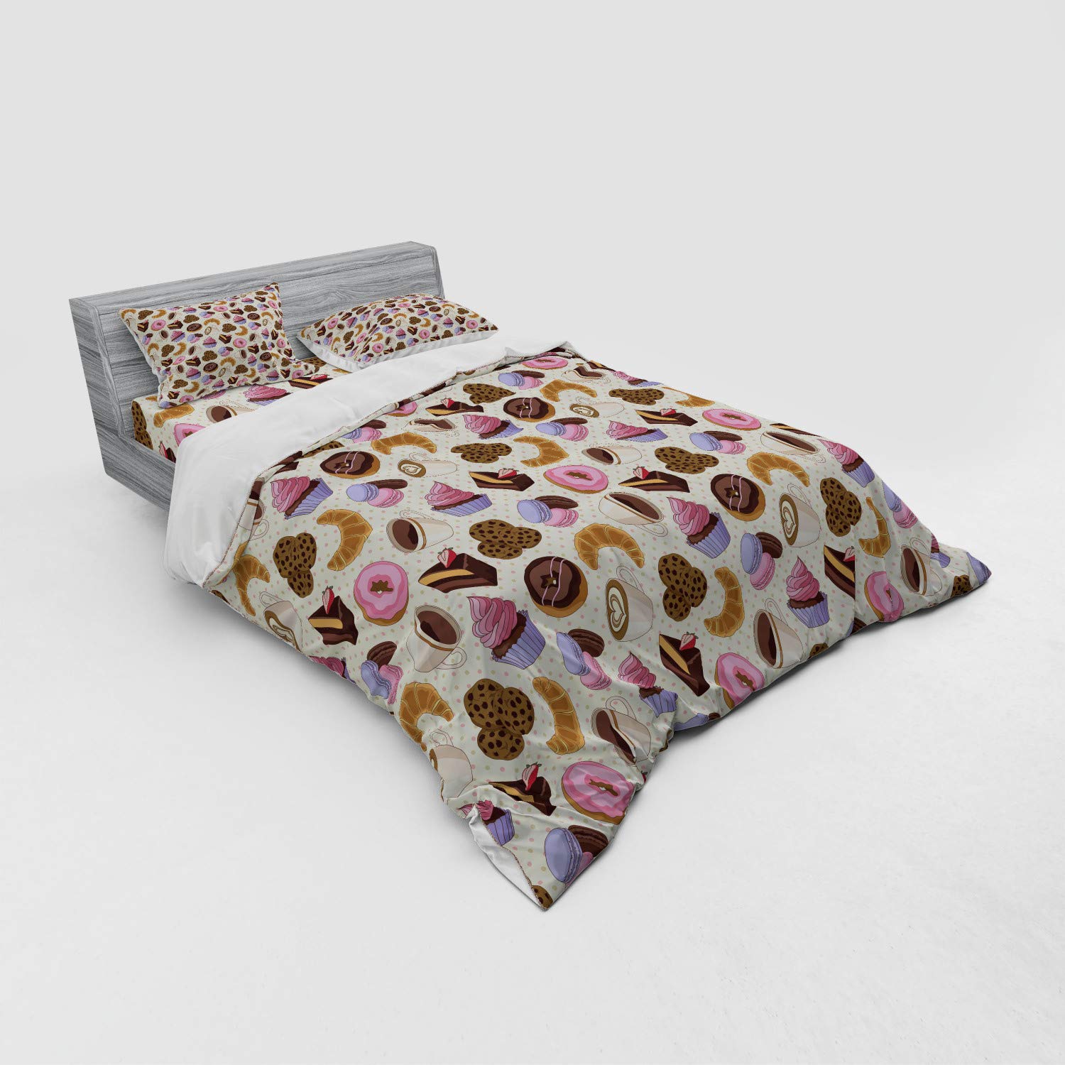 Ambesonne Coffee Themed Duvet Cover Set - 4 Piece Queen Size Bedding with Cups, Cookies, Cake & Chocolate Artwork Pattern - Perfect for Coffee Lovers' Bedroom Decor