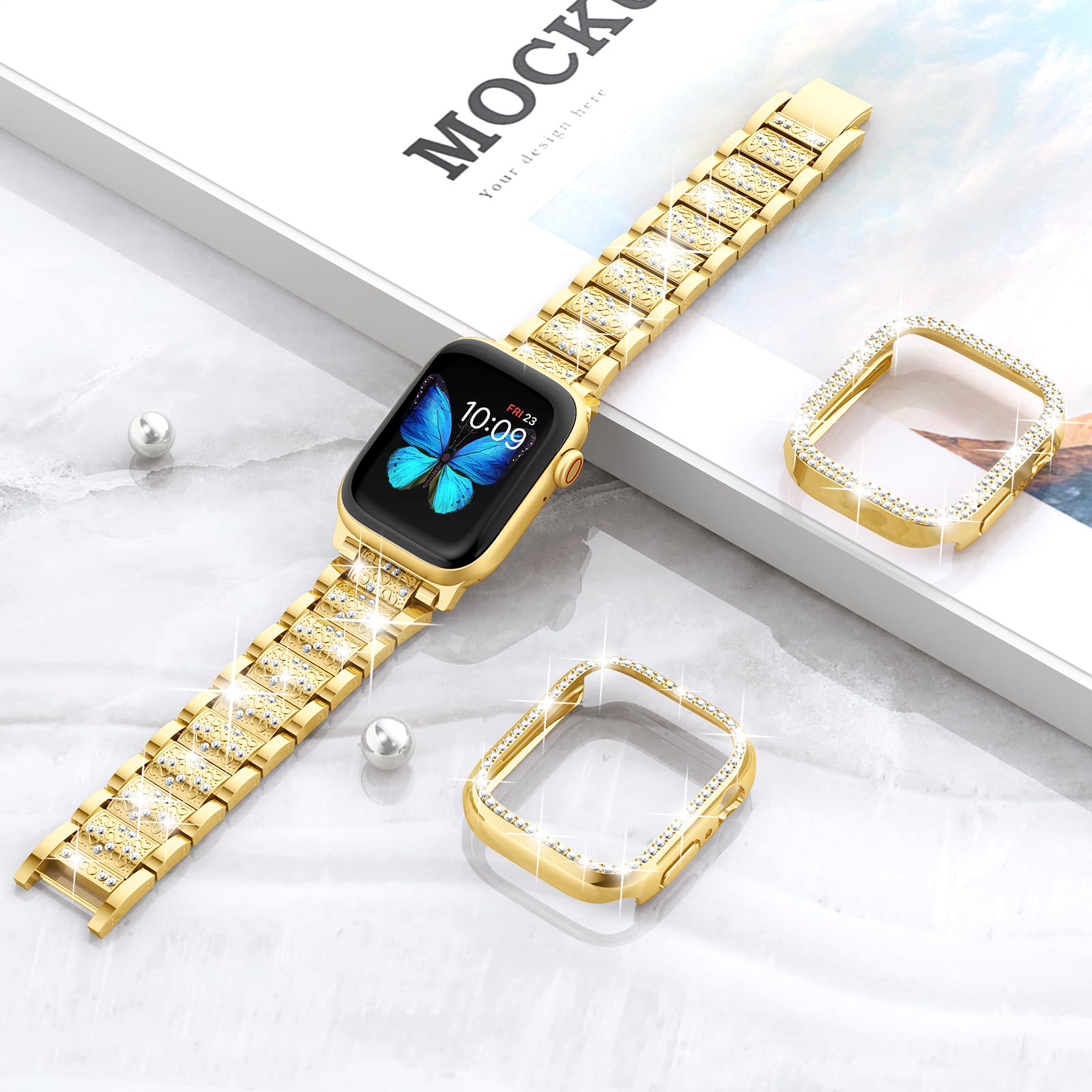 SUPOIX Luxury Bling Diamond Metal Band & 2 Pack Protective Case for Apple Watch Series 9/8/7/6/SE 41mm - Gold, Stylish Women's Jewelry Accessory for Workout, Party & Everyday Wear