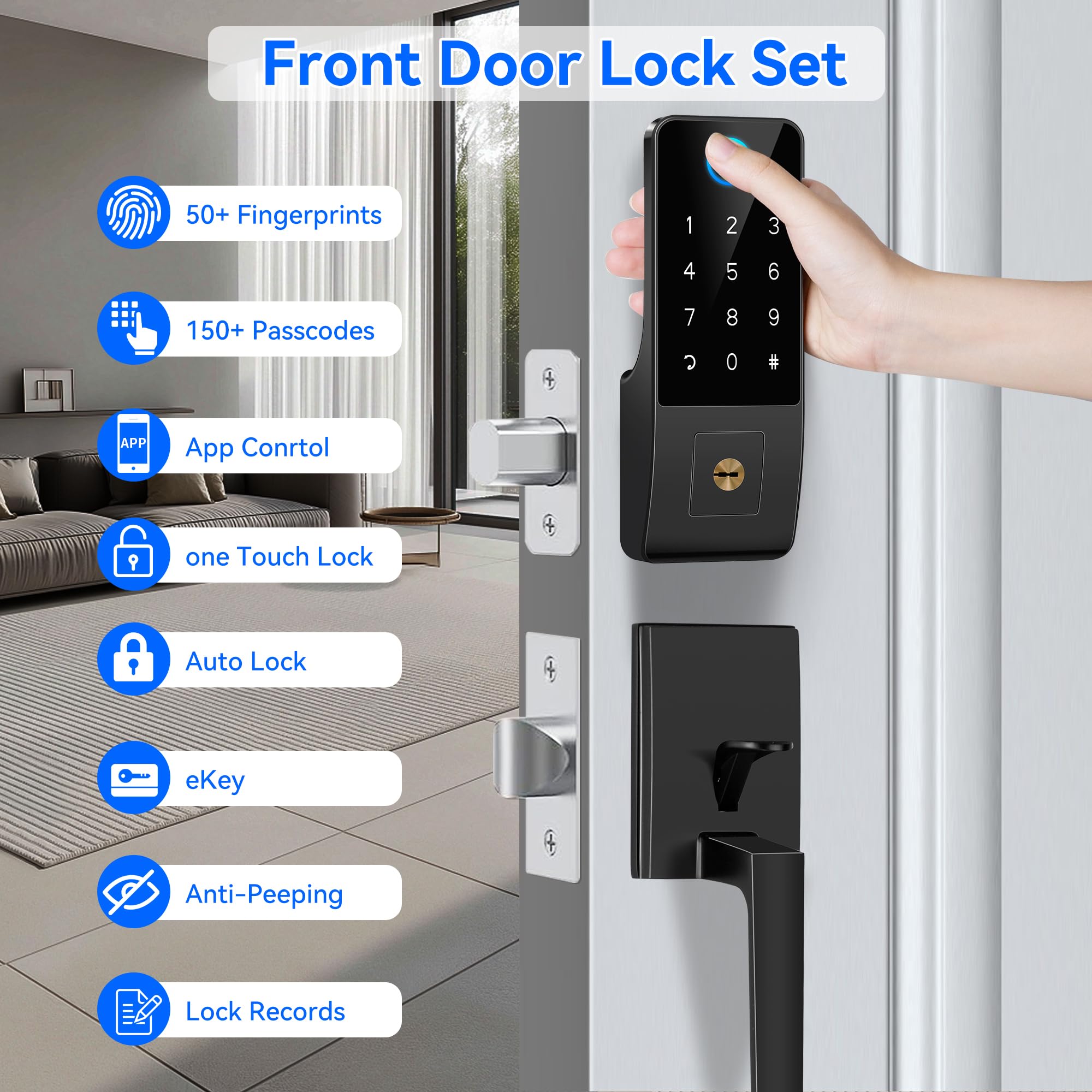 Smart Keyless Entry Door Lock - 5-in-1 Digital Deadbolt with Mobile App Control, Keypad & Handle - Black | Secure Front Door Access for Homes & Apartments