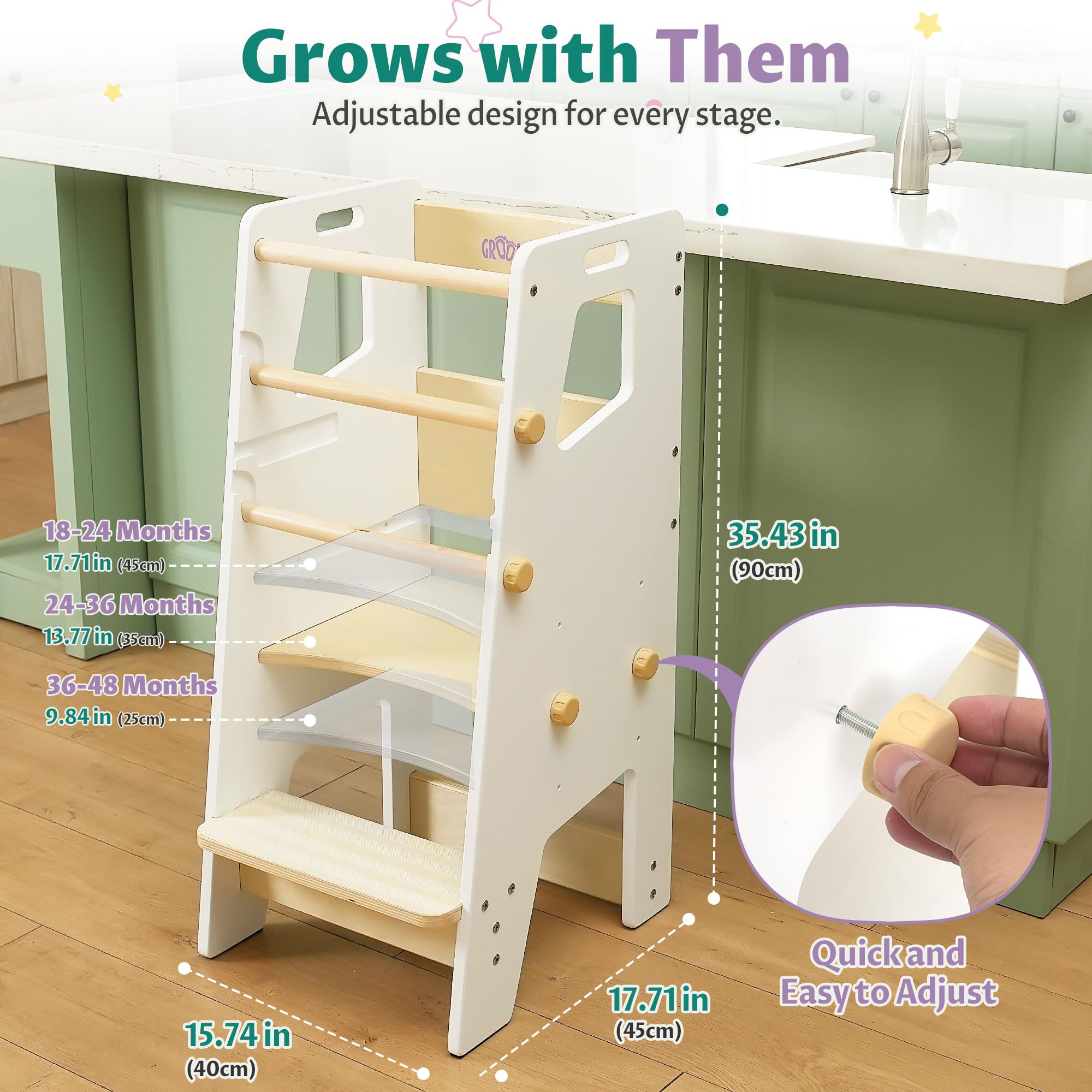 GroowingMind® Adjustable Montessori Toddler Tower - Safe Kitchen Step Stool for Kids, Multi-Use Learning Tower & Standing Helper - Perfect Toddler Chair for Cooking, Baking & Playtime Activities
