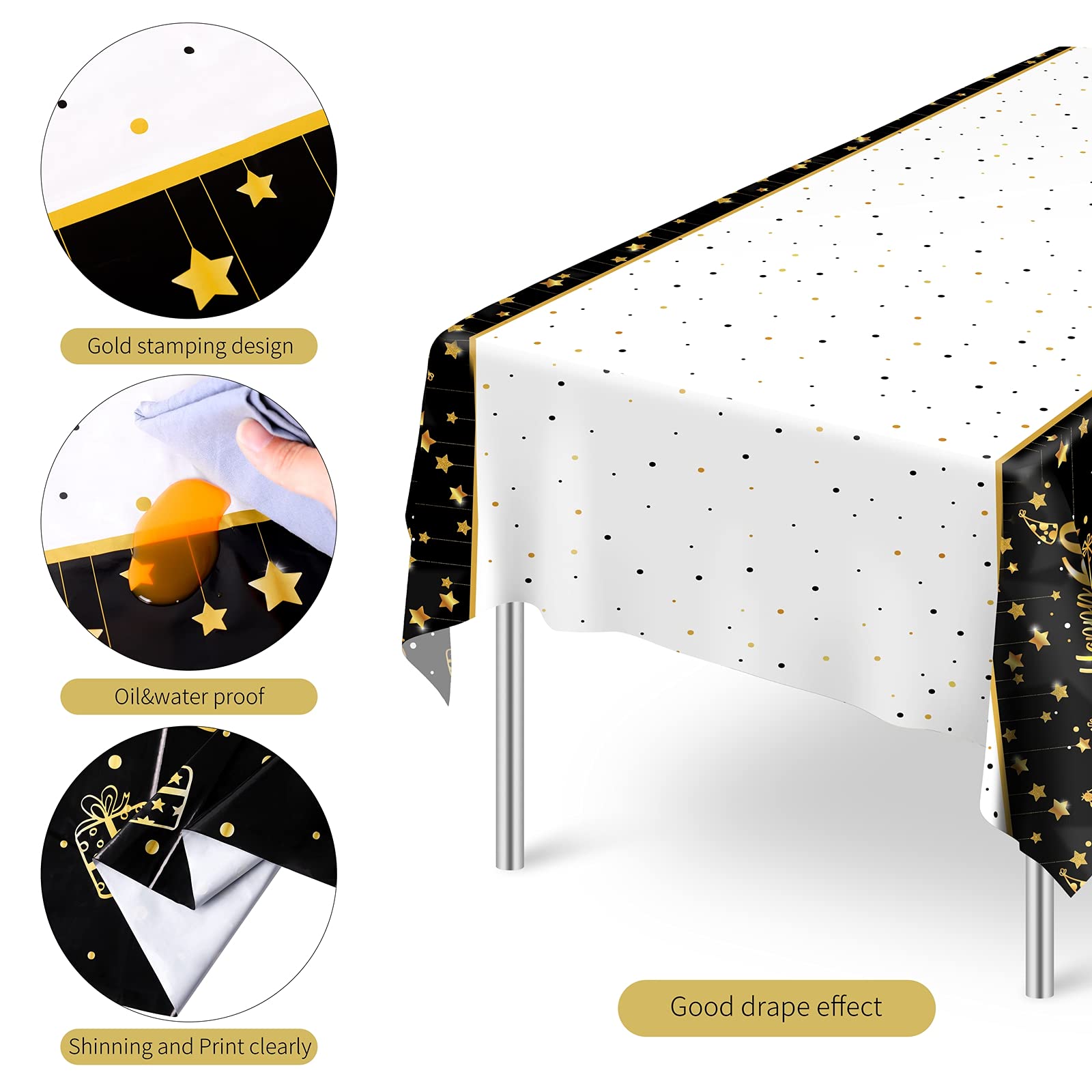 Ruisita 2 Pack Black Gold 60th Birthday Tablecloth - Elegant Rectangular Party Table Cover for Indoor & Outdoor Celebrations, Anniversaries, and Special Events