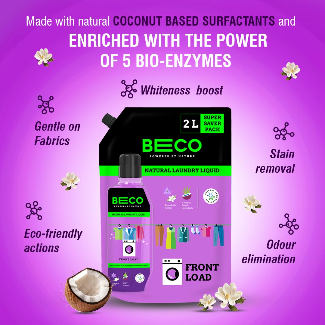 Beco Matic Front Load Washing Machine Liquid Detergent - 2 Liters | Natural Laundry Detergent for Tough Stain Removal | Lavender & Vanilla Scent | Chemical-Free Formula Preserves Fabric Brightness | 100% Eco-Friendly & Biodegradable | Perfect for HE Washers, Baby Clothes & Sensitive Skin
