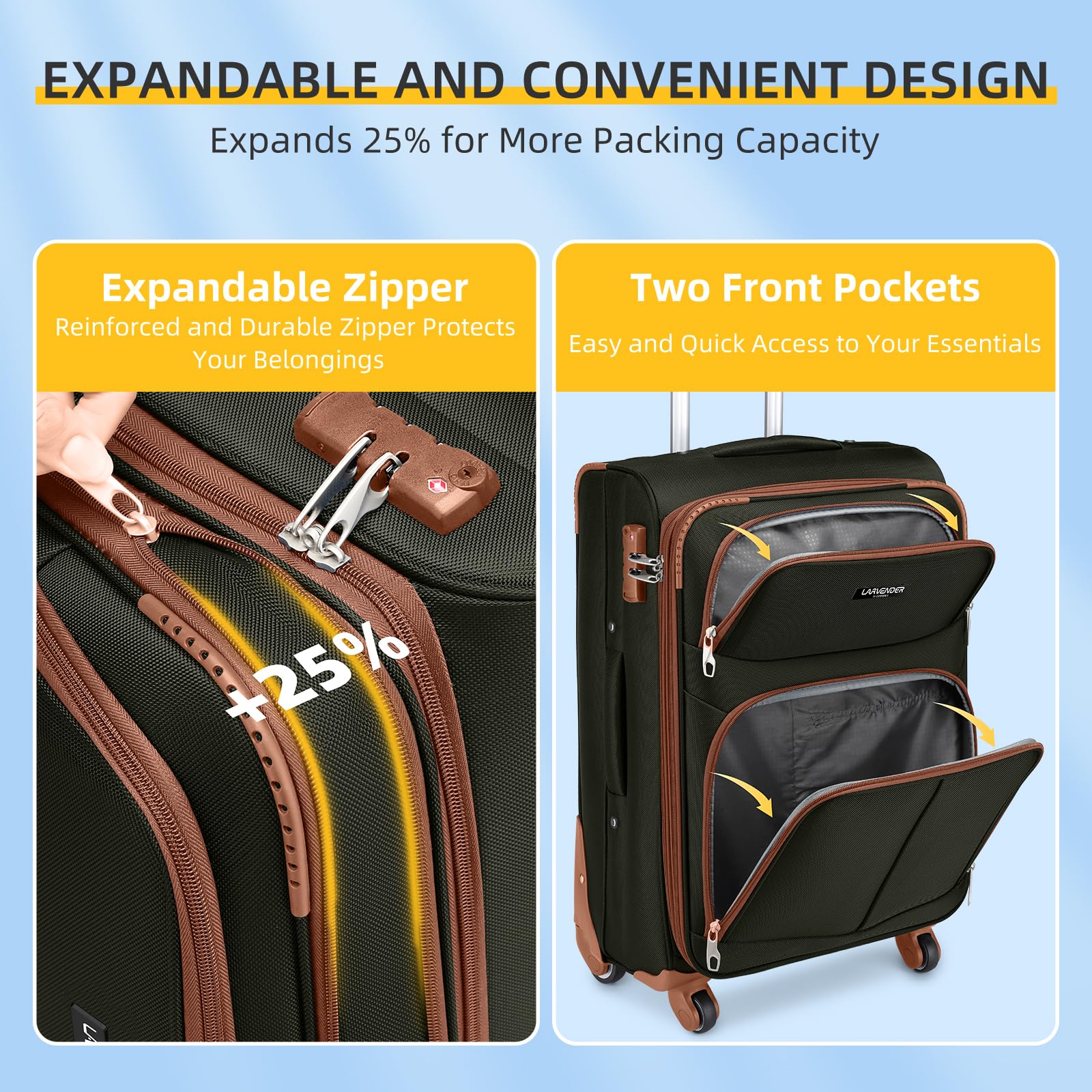 5-Piece Lavender Softside Expandable Luggage Set with Spinner Wheels & TSA Lock - Lightweight Rolling Suitcase for Travel - Green & Brown Soft Shell Carry-On for Men & Women - Perfect for Family Vacations, Business Trips & International Travel