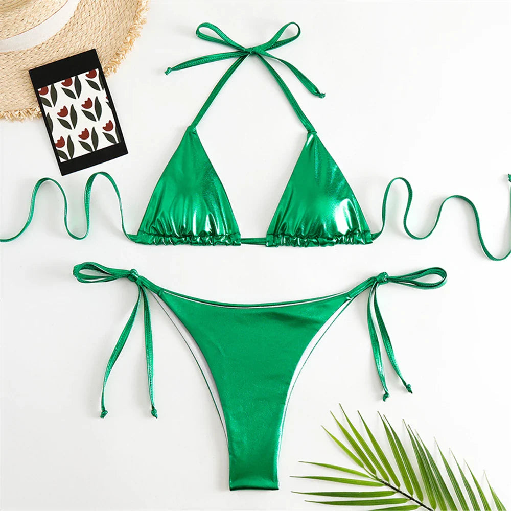 Sexy Halter Triangle Bikini Set - Women's Patent Leather Glitter Swimsuit with G-String & Side Lace Up Design | Perfect for Summer Beach Vacation, Pool Party & Tropical Getaway