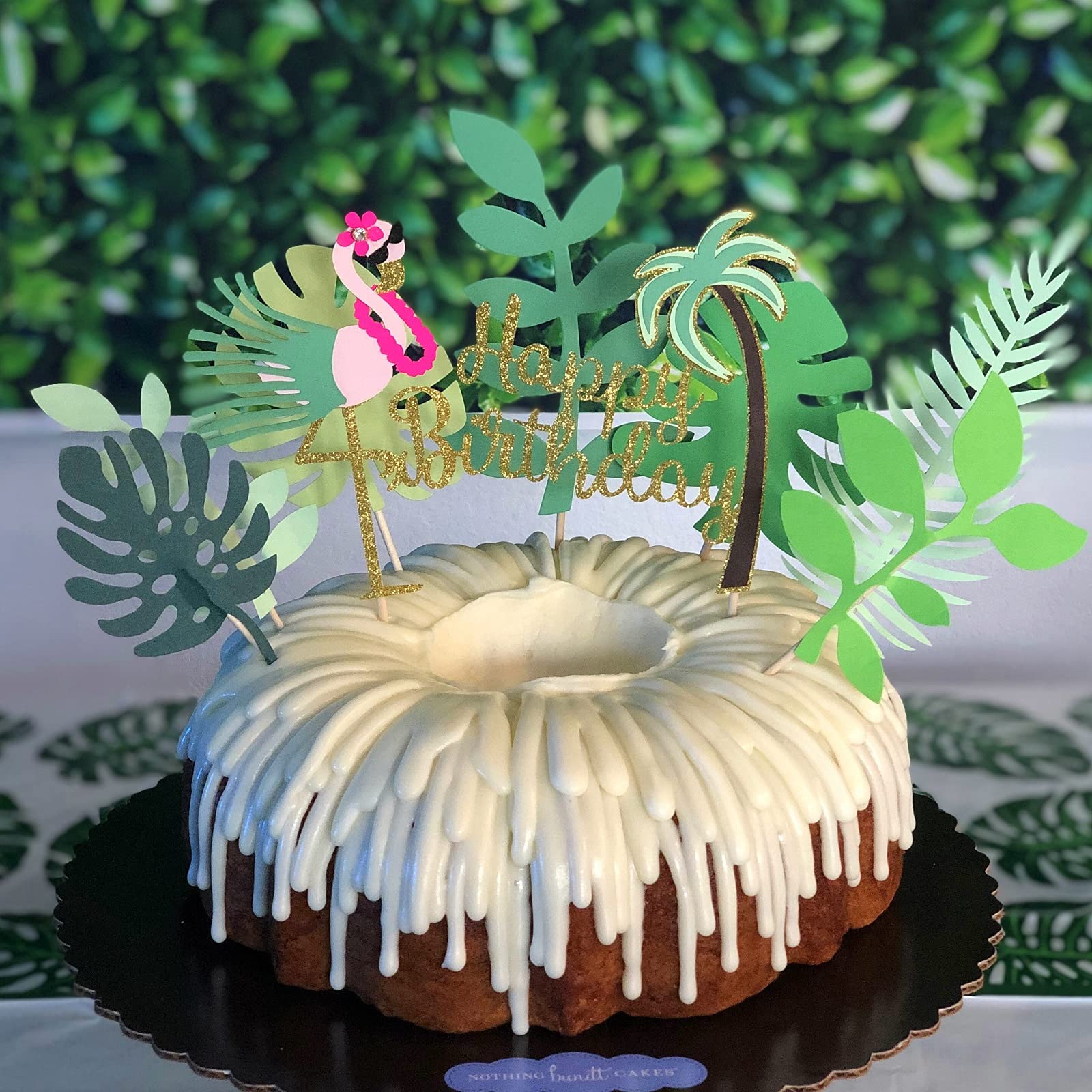 ALISSAR Flamingo and Leaf Cake Topper - Tropical Happy Birthday Decorations for Hawaiian Party, Wedding, Baby Shower & Summer Celebrations