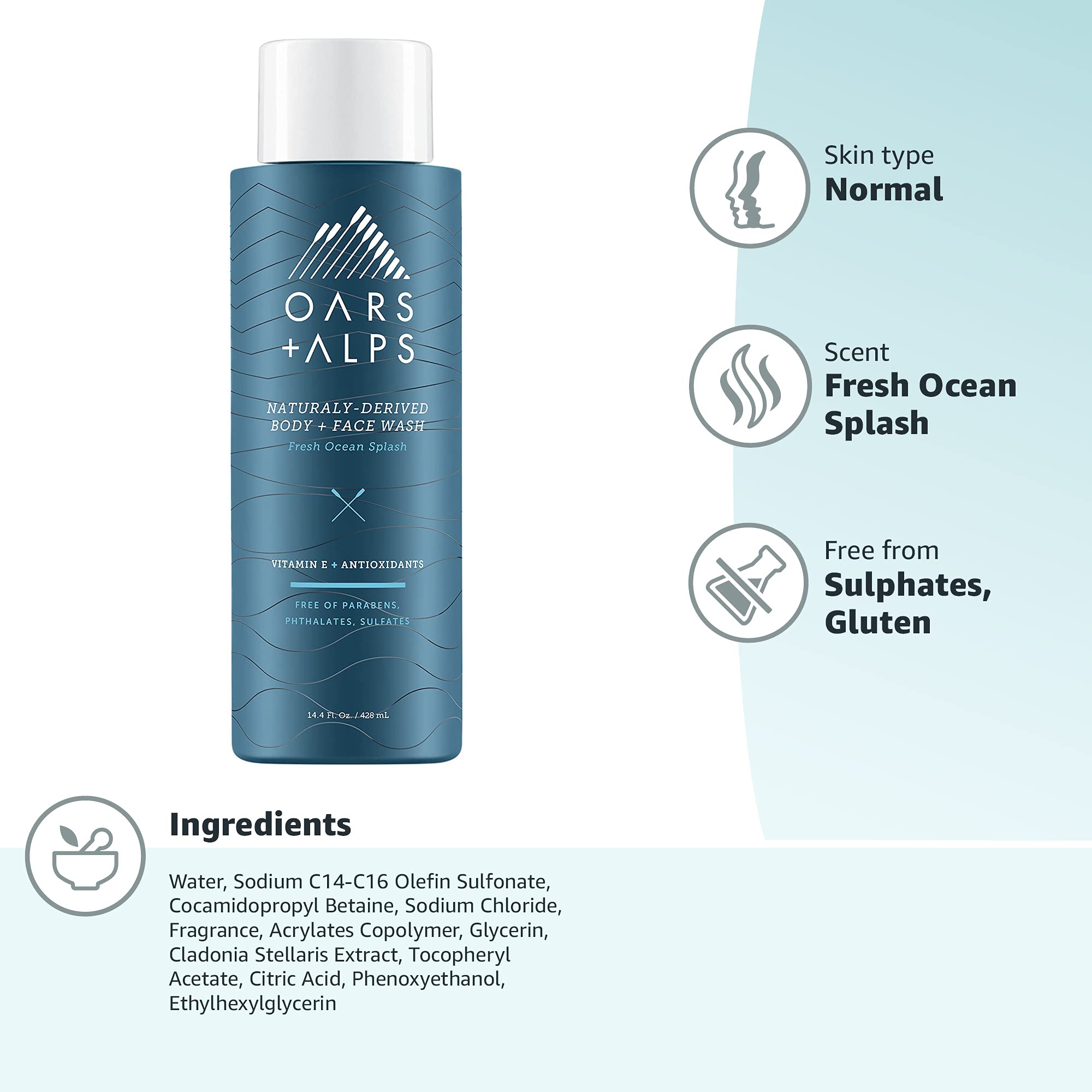 Oars + Alps Men's Moisturizing Body & Face Wash with Vitamin E & Antioxidants | Sulfate-Free Skin Care | Fresh Ocean Splash Scent | 1 Pack | Perfect for Gym, Travel & Daily Shower Routine
