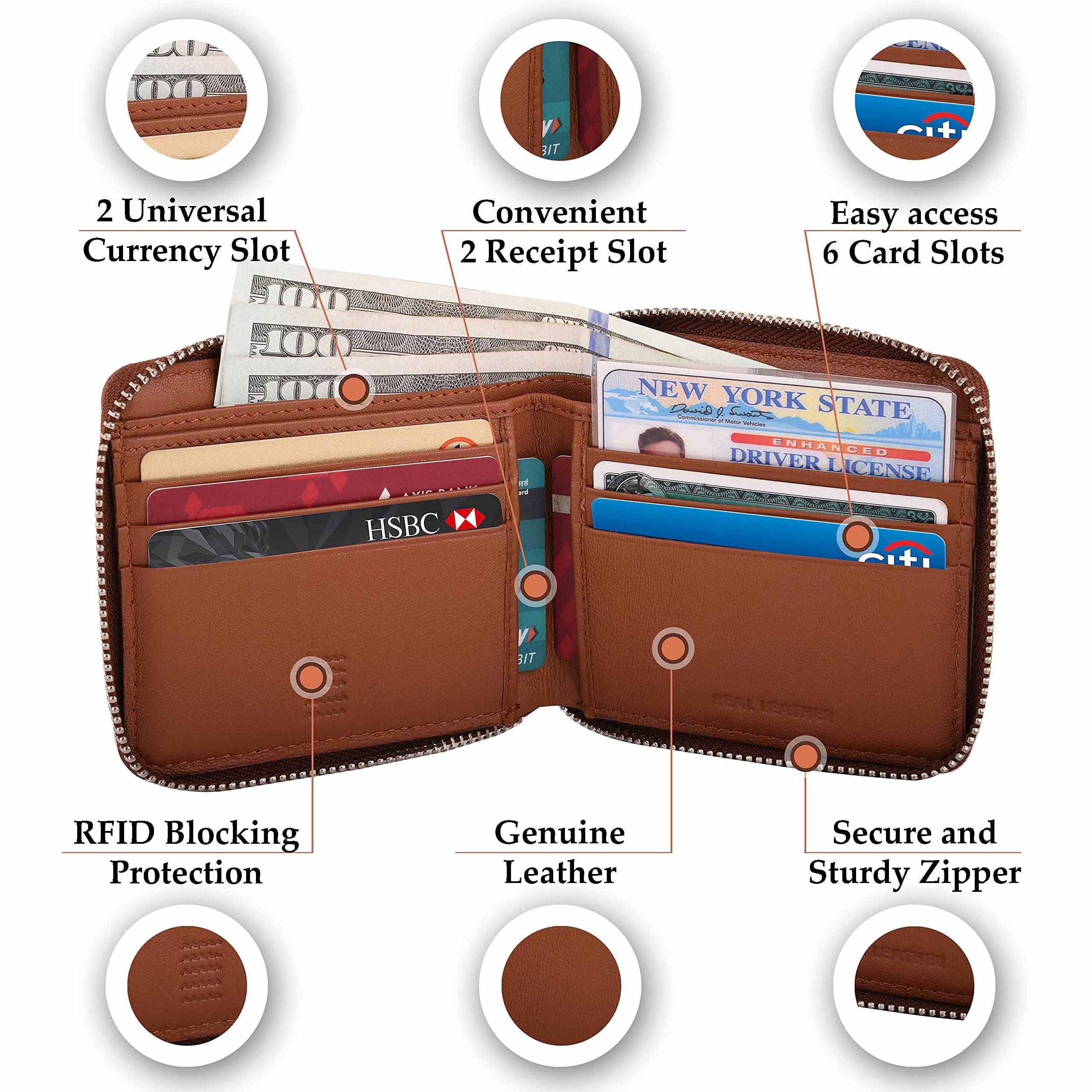 Genuine Leather RFID Blocking Trifold & Zipper Wallet for Men - Horizontal & Vertical Design with Card Holder | Perfect Gift for Men & Women | Ideal for Travel, Business & Everyday Use