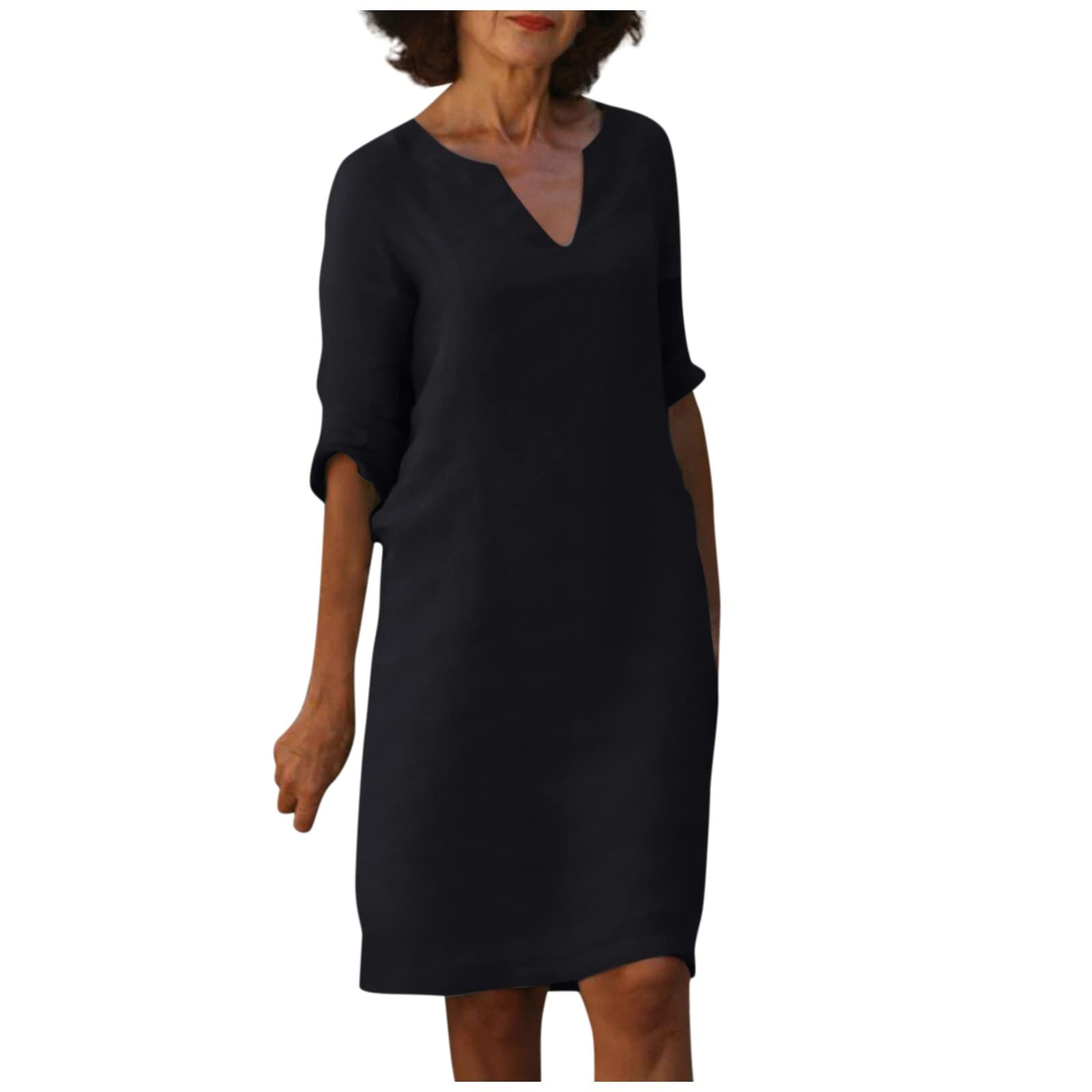 BAXLIMEK Women's Cotton Linen Summer Dress 2025 - Trendy Elegant Plain Beach Midi Dress with 3/4 Sleeves for Casual Wear, Vacation & Outdoor Activities
