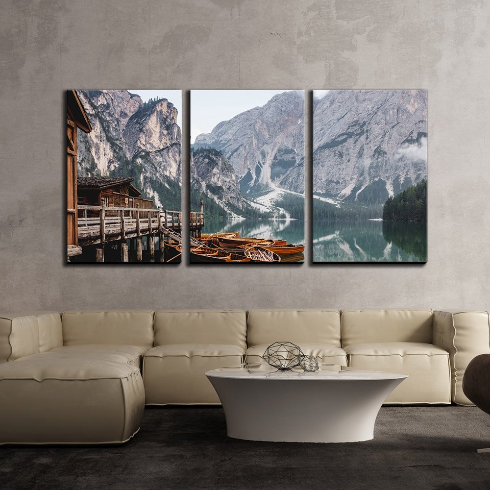 Vacation Resort Landscape Canvas Wall Art - 3 Panel Mountain & Lake Scenery - Stretched & Framed Ready to Hang - 16