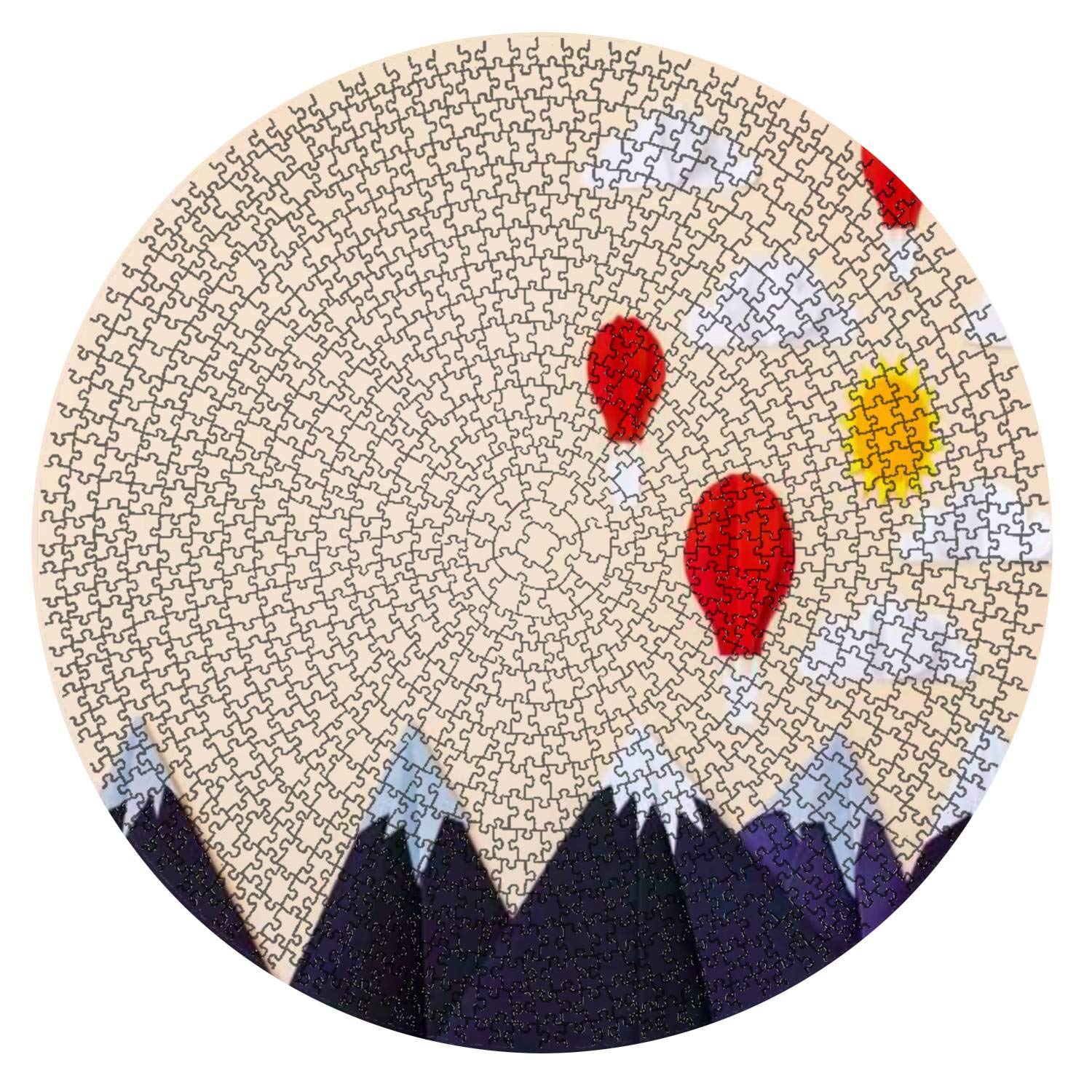 1000-Piece Round Wooden Jigsaw Puzzle - Origami Mountains with Hot Air Balloons, 3D Clouds & Sun - Creative Challenging Board Game for Adults & Kids - DIY Educational Toy Gift for Home Decor (Perfect for Family Game Nights & Stress Relief Activities)
