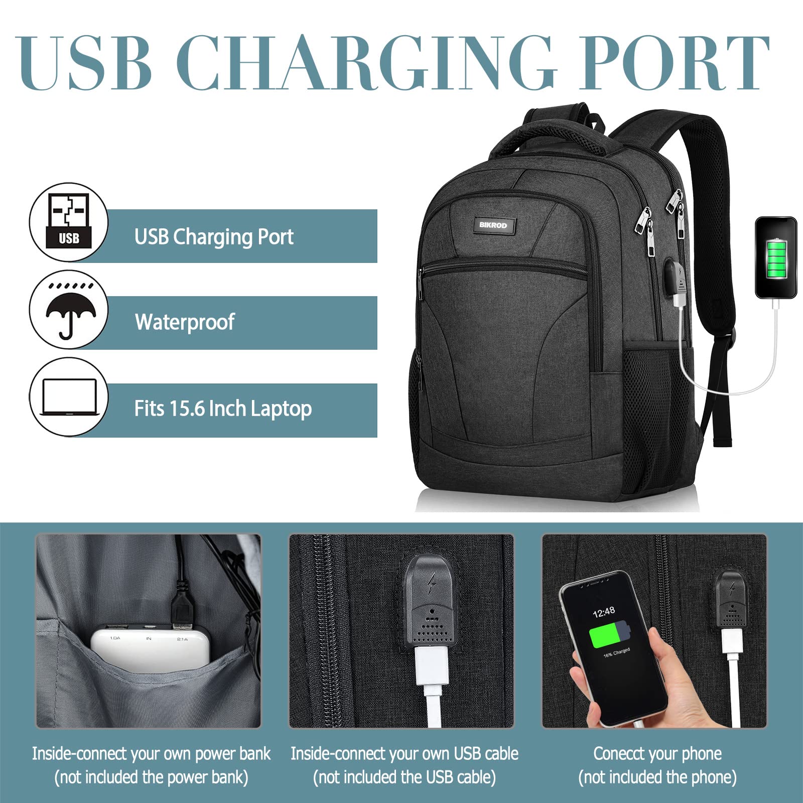 Water Resistant USB Charging Backpack for Men & Women - 15.6 Inch Laptop Backpack for School, College, Travel & Work - Durable Anti-Theft Computer Bag with Charging Port (Black)