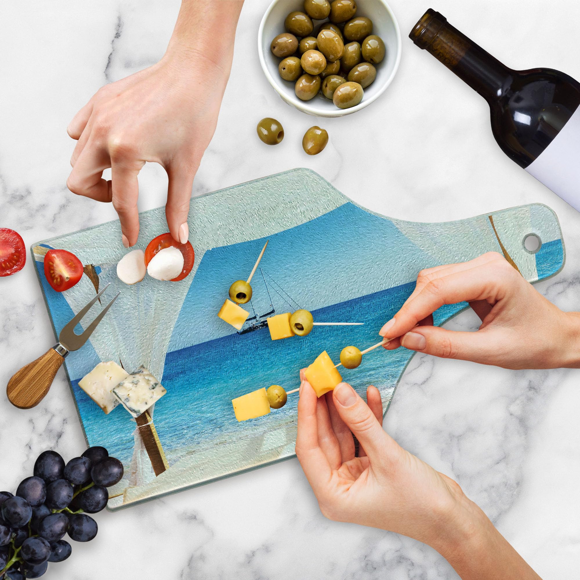 Ambesonne Balinese Beach Cutting Board - Tempered Glass Decorative Serving Board with Summer Sunshine & Clear Sky Design, Wine Bottle Shape in Blue & White | Perfect for Kitchen, Dining, Wine & Cheese Parties, Spa-Themed Decor