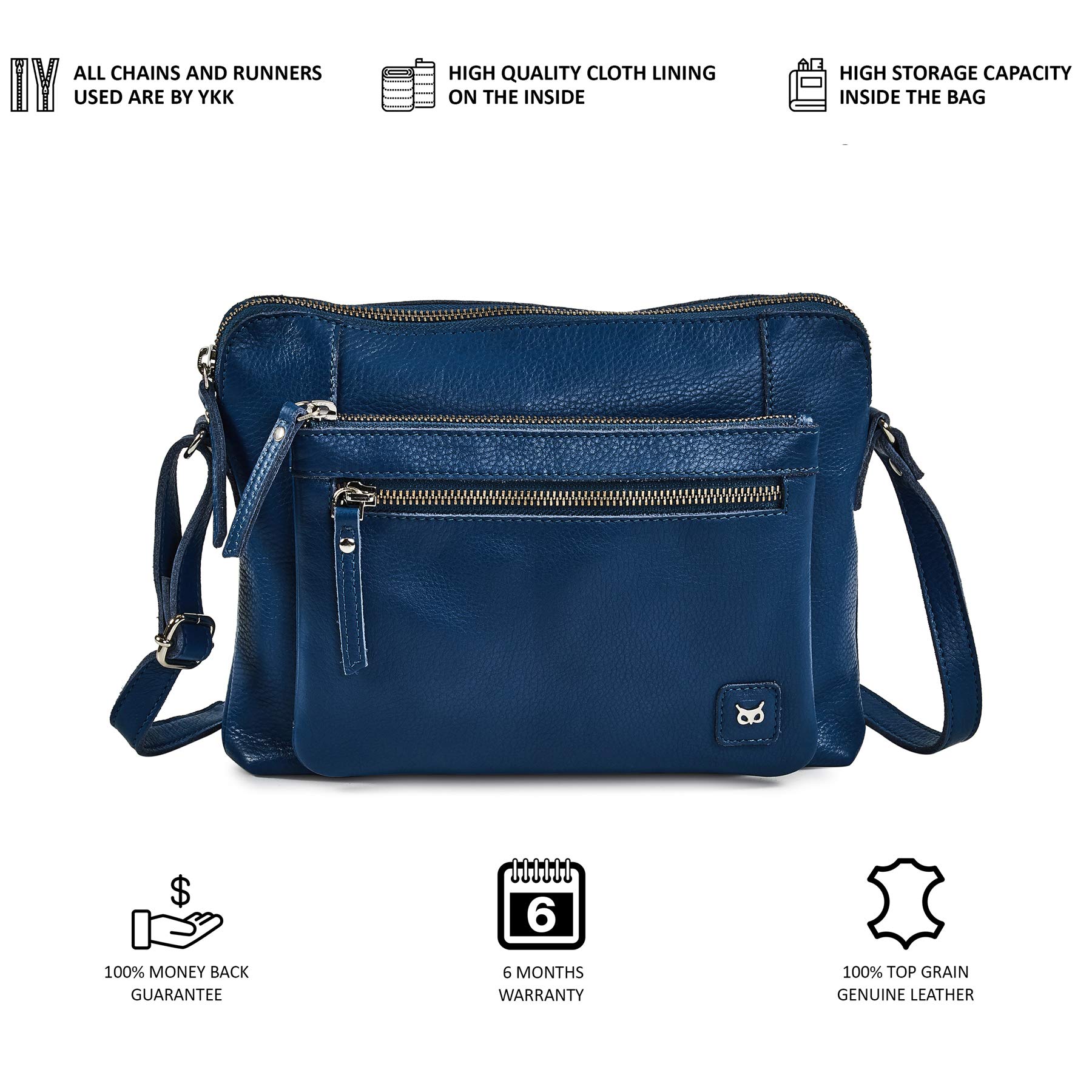 Wise Owl Women's Premium Triple Zip Crossbody Bag - Soft Pebbled Genuine Leather Sling Shoulder Purse for Everyday Use, Travel & Work (Sapphire Blue Nappa Leather) - Perfect Gift for Her