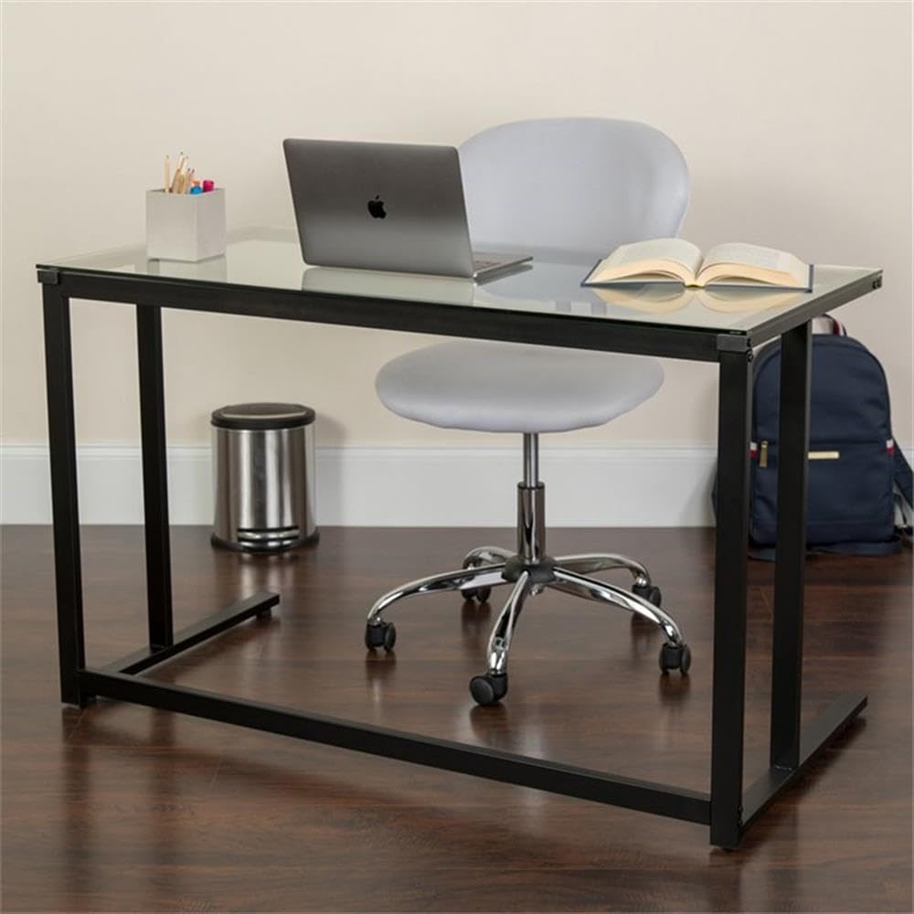 Flash Furniture Singleton Glass Desk with Black Pedestal Metal Frame - Modern Office Desk for Home & Workspace - Perfect for Small Spaces, Study Rooms & Home Offices