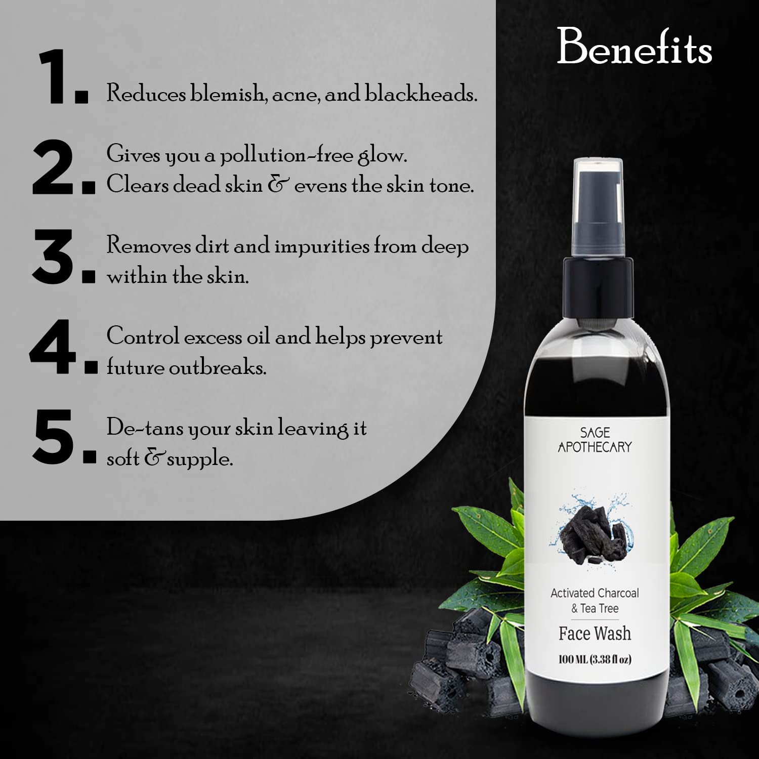 Sage Apothecary 100% Natural Charcoal, Aloe Vera & Tea Tree Face Wash for Deep Cleansing & Acne Control - Oil-Free, Pimple Treatment for Men & Women (100ml) | Perfect for Daily Skincare & Sensitive Skin