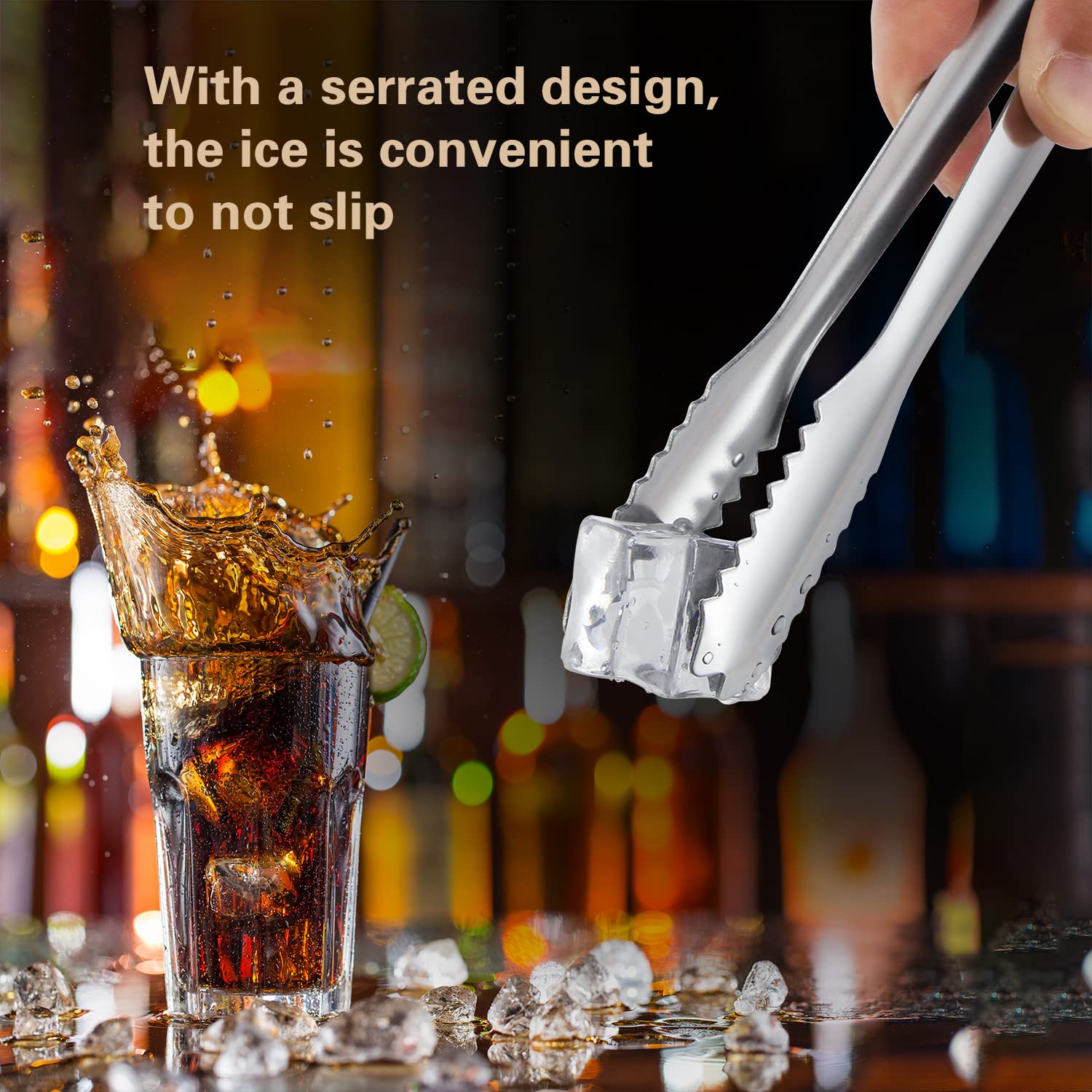MSY BIGSUNNY 7-Inch Stainless Steel Ice Tongs with Teeth - Silver Small Serving Tongs for Ice Bucket, Cocktails, and Party Drinks