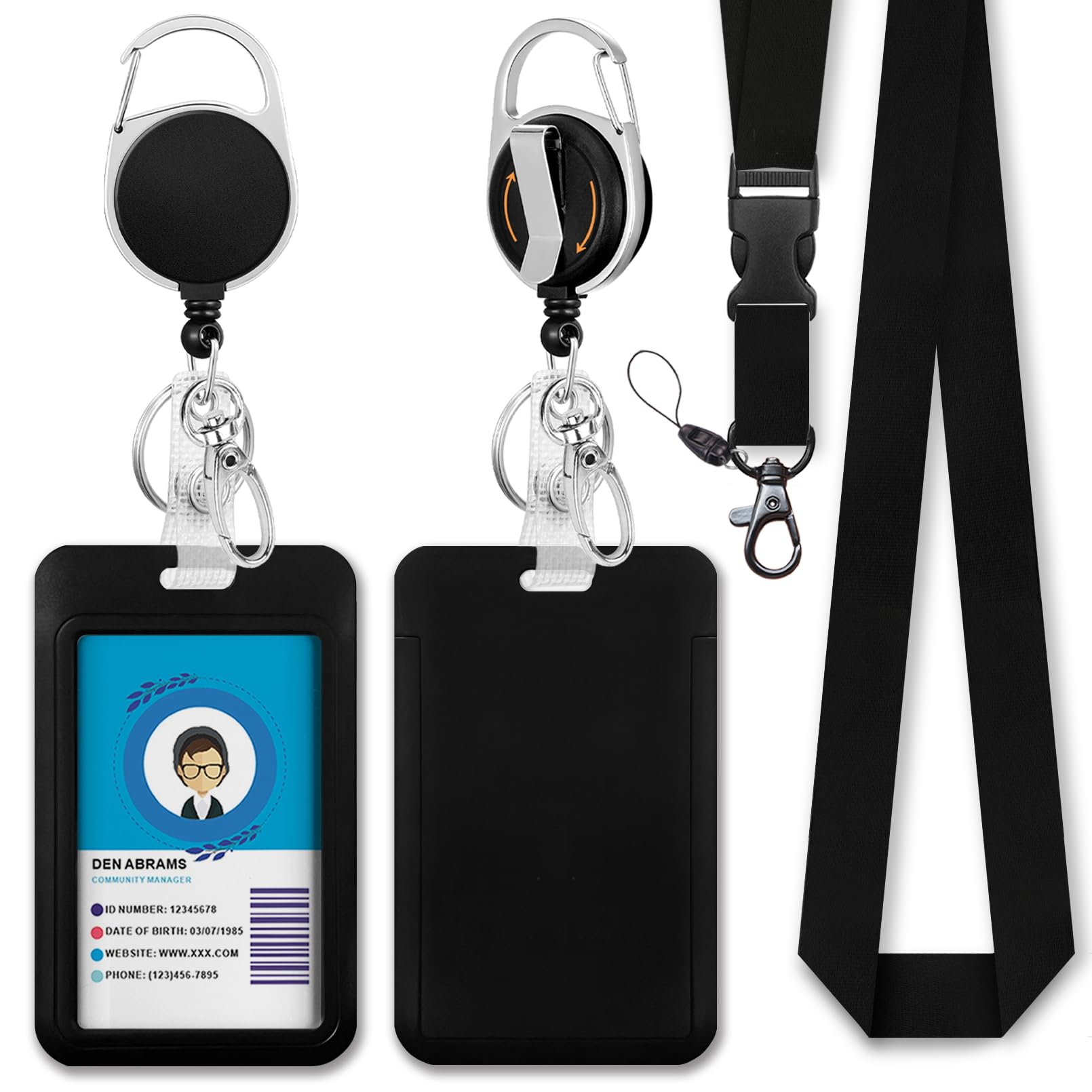 Black ID Badge Holder with Lanyard & Retractable Reel - Heavy Duty for Work Office