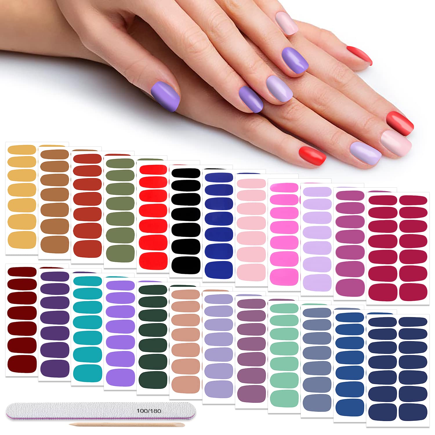 DANNEASY 24 Sheets Solid Color Nail Wraps - Self-Adhesive Nail Polish Strips for Women | DIY Nail Art Kit with Nail File & Cuticle Stick (Dark Shades) | Perfect for Parties, Weddings & Everyday Wear