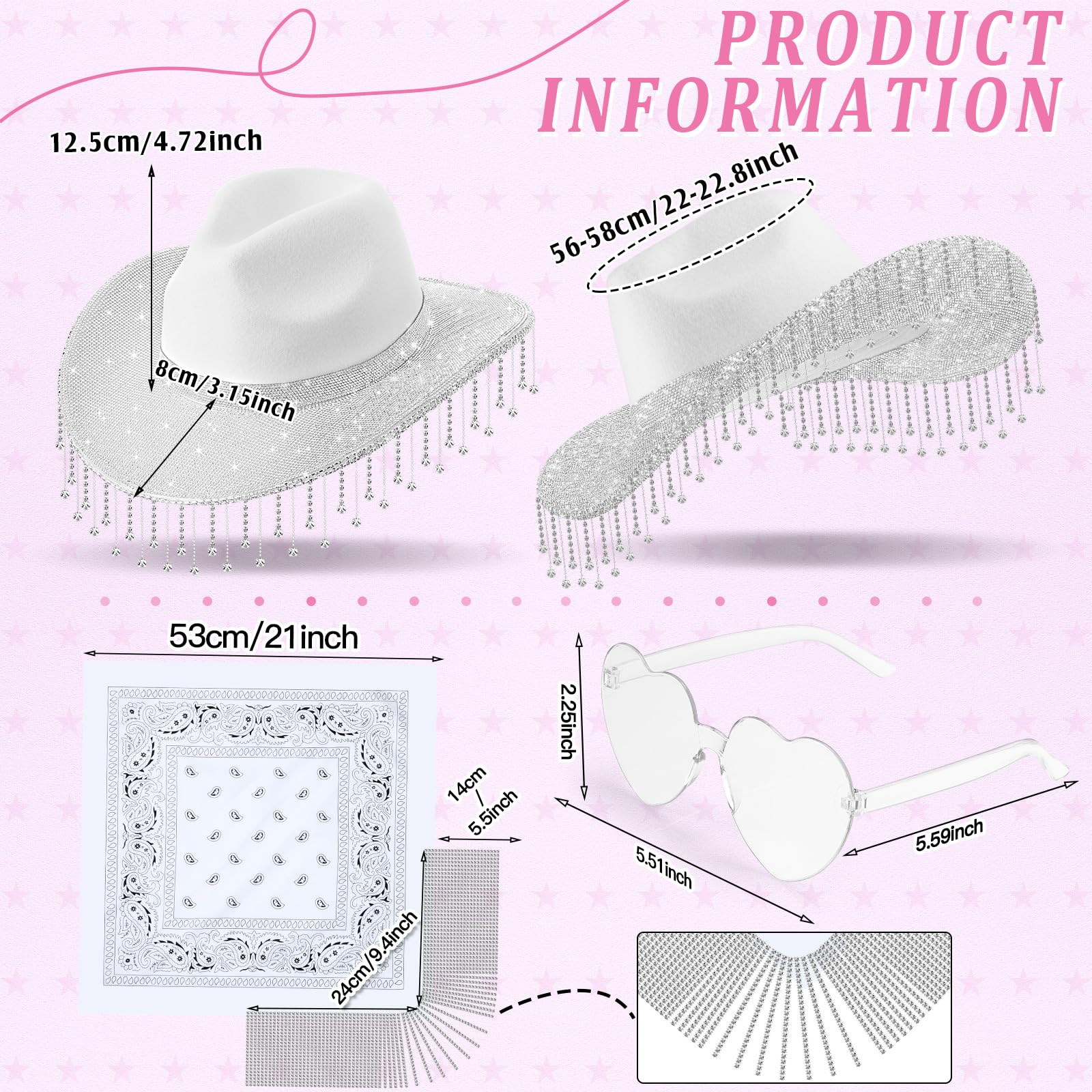 Sparkling Rhinestone Cowboy Hat with Glitter & Headscarf - Western Cowgirl Hat for Men & Women - Bling Cowboy Costume for Cosplay, Parties & Country Music Festivals