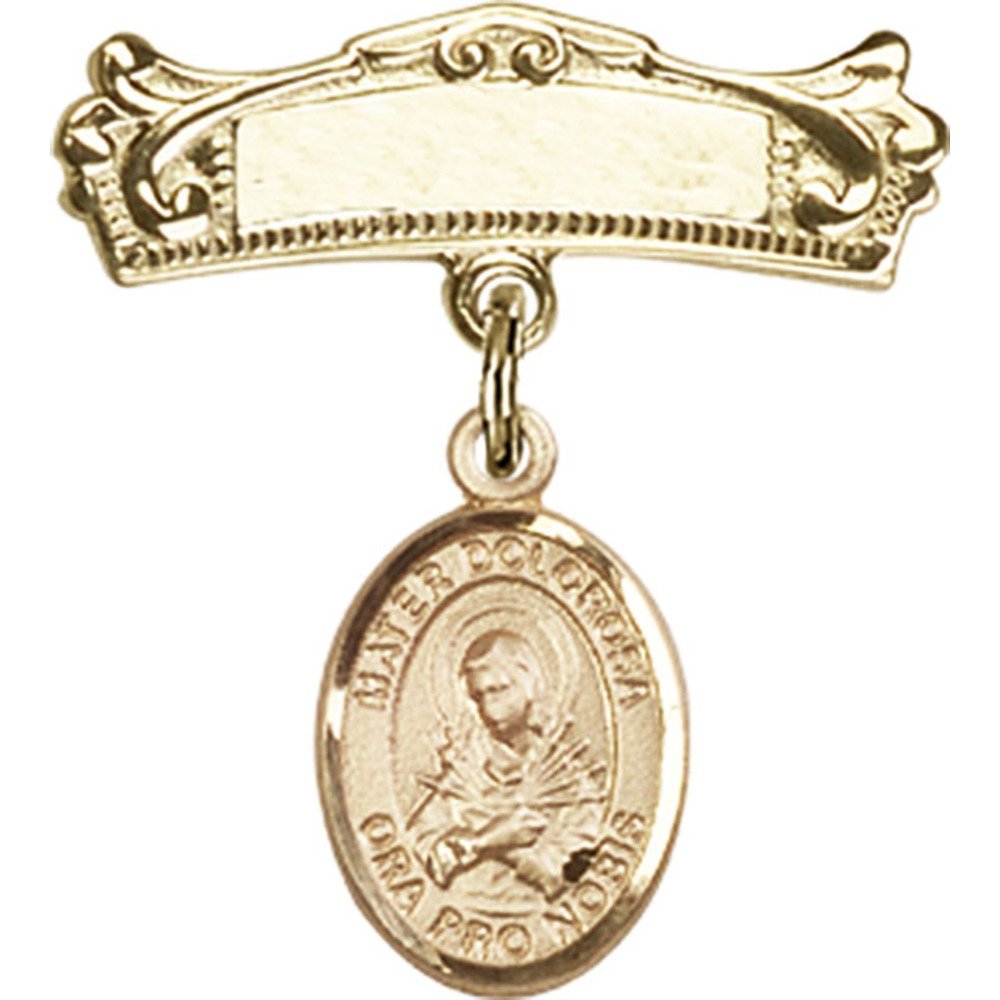 Gold Filled Baby Badge with Mater Dolorosa Charm - 7/8 X 3/4 Inch Arched Polished Pin - Perfect for Baptisms, Christenings & First Communion Gifts