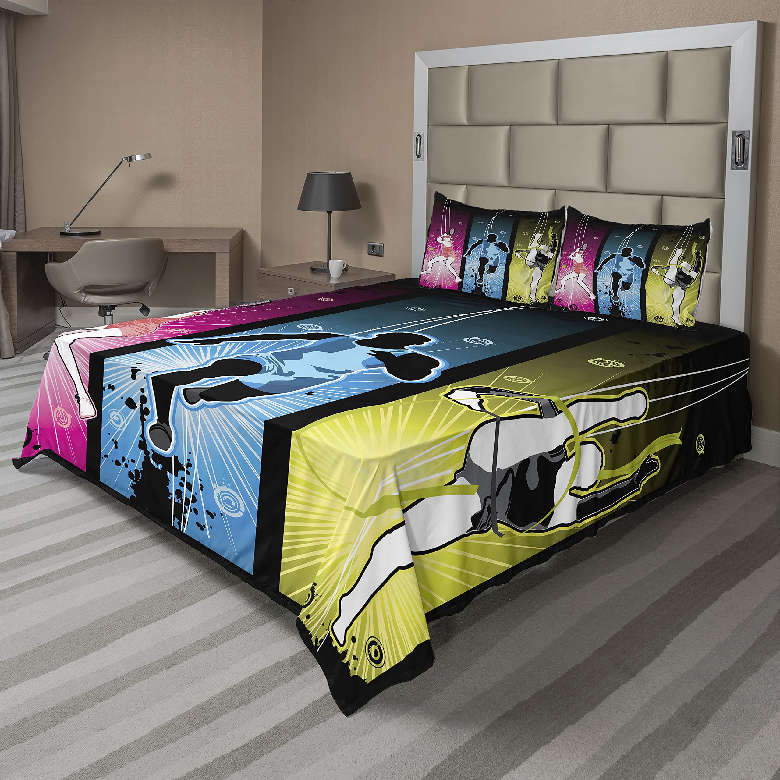 Lunarable Olympics Bed Sheet Set - Tennis Gymnastics Marathon Champion Design, 4-Piece King Size Bedding with Fitted Sheet, Flat Sheet & Pillowcases - Perfect for Sports Fans, Athletes & Themed Bedrooms - Black Multicolor