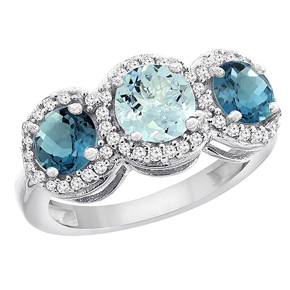 14K White Gold Natural Aquamarine & London Blue Topaz Three-Stone Ring with Diamond Accents - Size 5-10 | Elegant Engagement, Anniversary & Gift Jewelry for Women