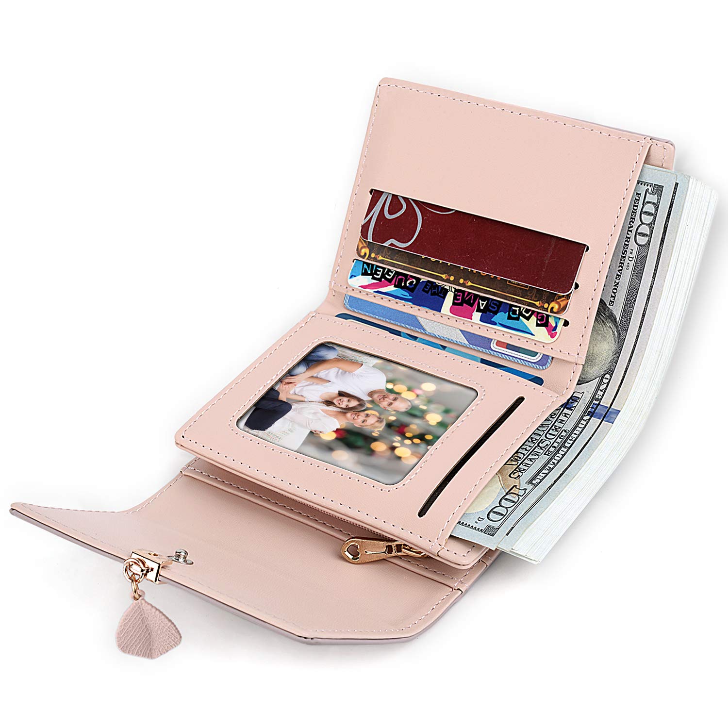 UTO RFID Blocking Wallet for Women - PU Leather Leaf Pendant Card Holder with Zipper Coin Purse | Phone & Checkbook Organizer | Perfect for Travel, Shopping & Daily Use