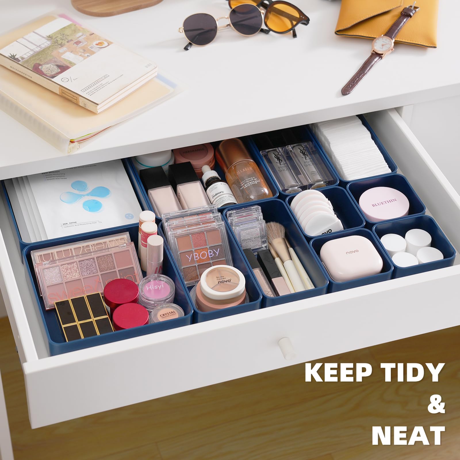 CHANCETSUI 11-Piece Stackable Drawer Organizer Set - Multi-Size Desk & Vanity Storage Bins for Makeup, Stationery, Utensils - Perfect for Bathroom, Dresser, Office & Kitchen Organization (Space-Saving Solution)
