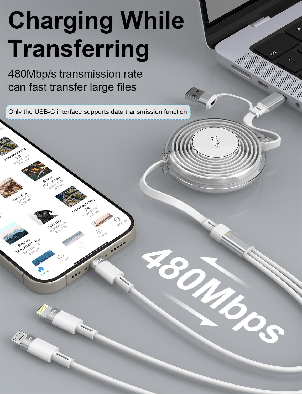 3-in-1 Retractable Charging Cable 100W Fast Charge - USB-C to Lightning/Type-C/Micro - Compatible with iPhone 15, Samsung Galaxy, MacBook, iPad Pro - Portable Travel Charger for Home, Office & Car Use
