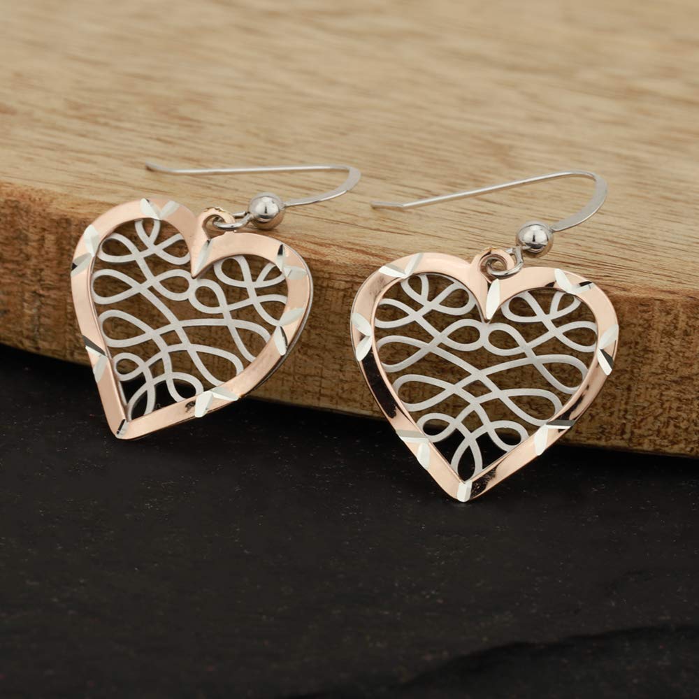 Vanbelle Sterling Silver Two Tone Jewelry - Filigree Heart Drop Earrings with Rhodium & Rose Gold Plating - Elegant Handcrafted Women's Earrings for Date Night & Special Occasions