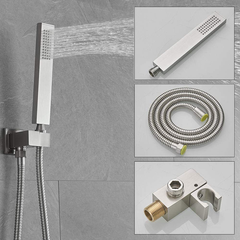 10 Inch Ceiling Mounted Rainfall Shower System - Brushed Nickel Shower Head Combo Set with Mixer Valve & Rough-in Trim - Perfect for Modern Bathroom & Spa Experience