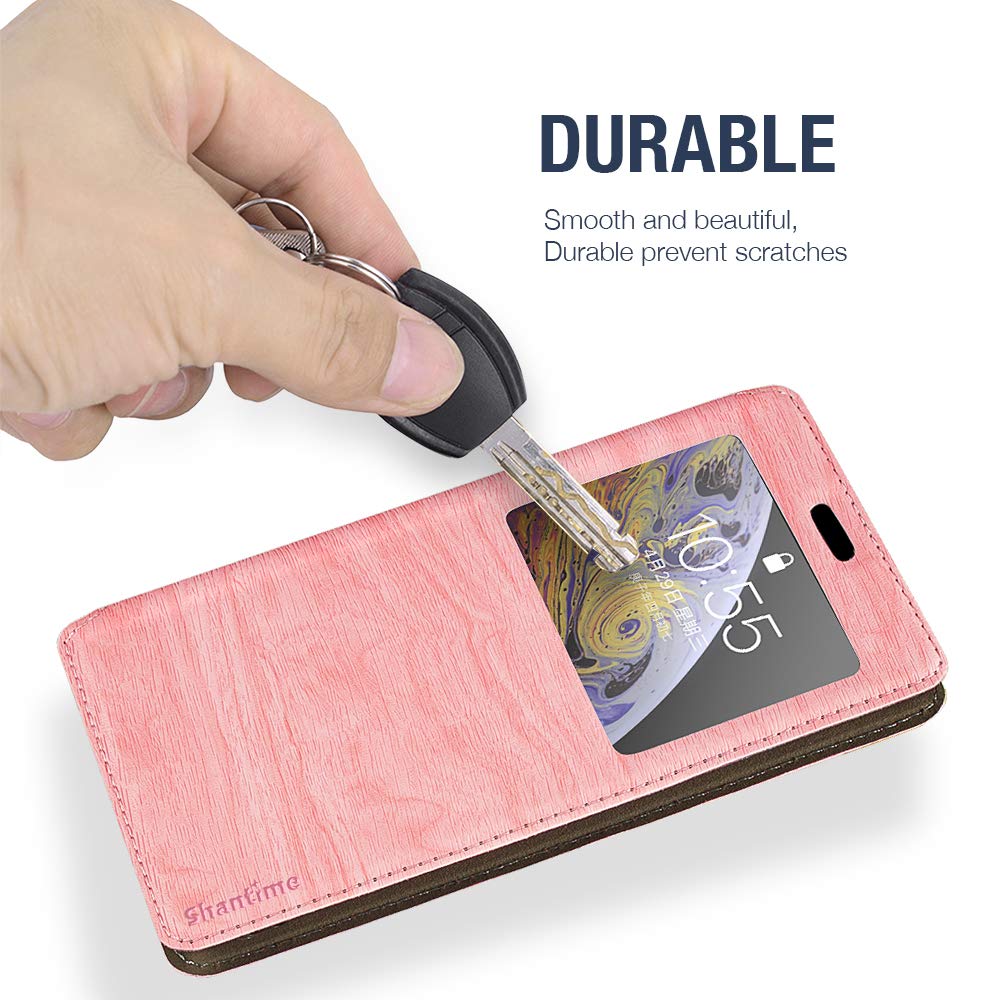 Premium Wood Grain Leather Magnetic Flip Cover Case for Essential Phone PH-1 - Card Holder & Window Slot - Stylish Protection for Everyday Use (Pink)