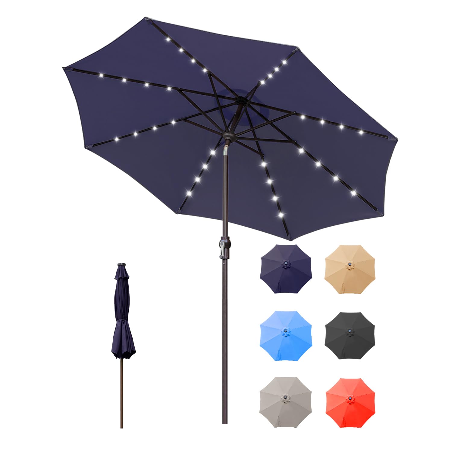 Zersun 9 FT Outdoor Patio Umbrella with 32 Solar LED Lights - 8 Ribs Tilt Adjustable Crank Lift System - Perfect for Garden, Deck, Backyard, Poolside & Beach - Blue - Ideal for Outdoor Dining, Lounging and Summer Relaxation
