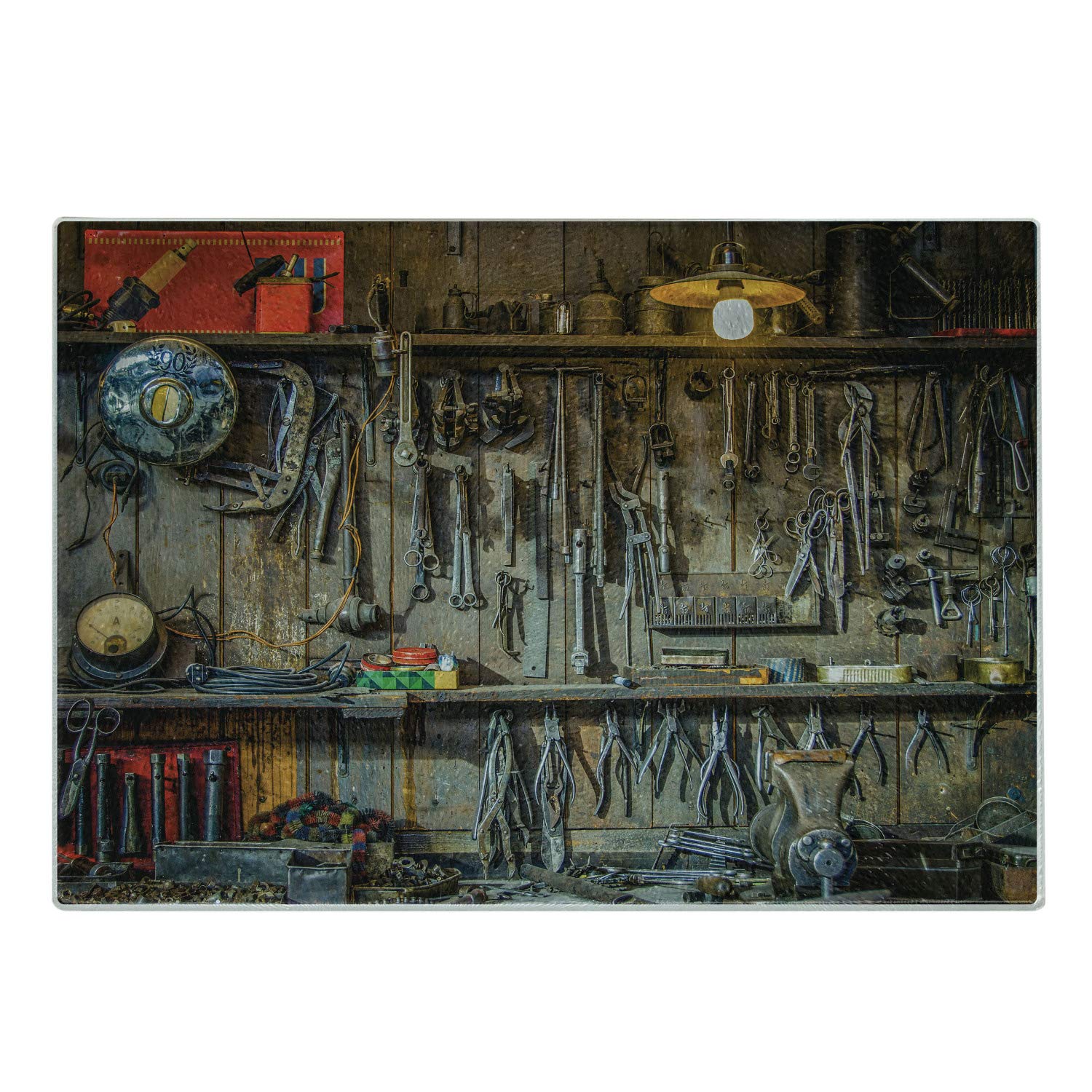 Vintage Tool Shed Style Tempered Glass Cutting Board - Decorative Man Cave Serving Board with Hanging Tools Design, Small Multicolor for Kitchen, BBQ & Home Bar Decor