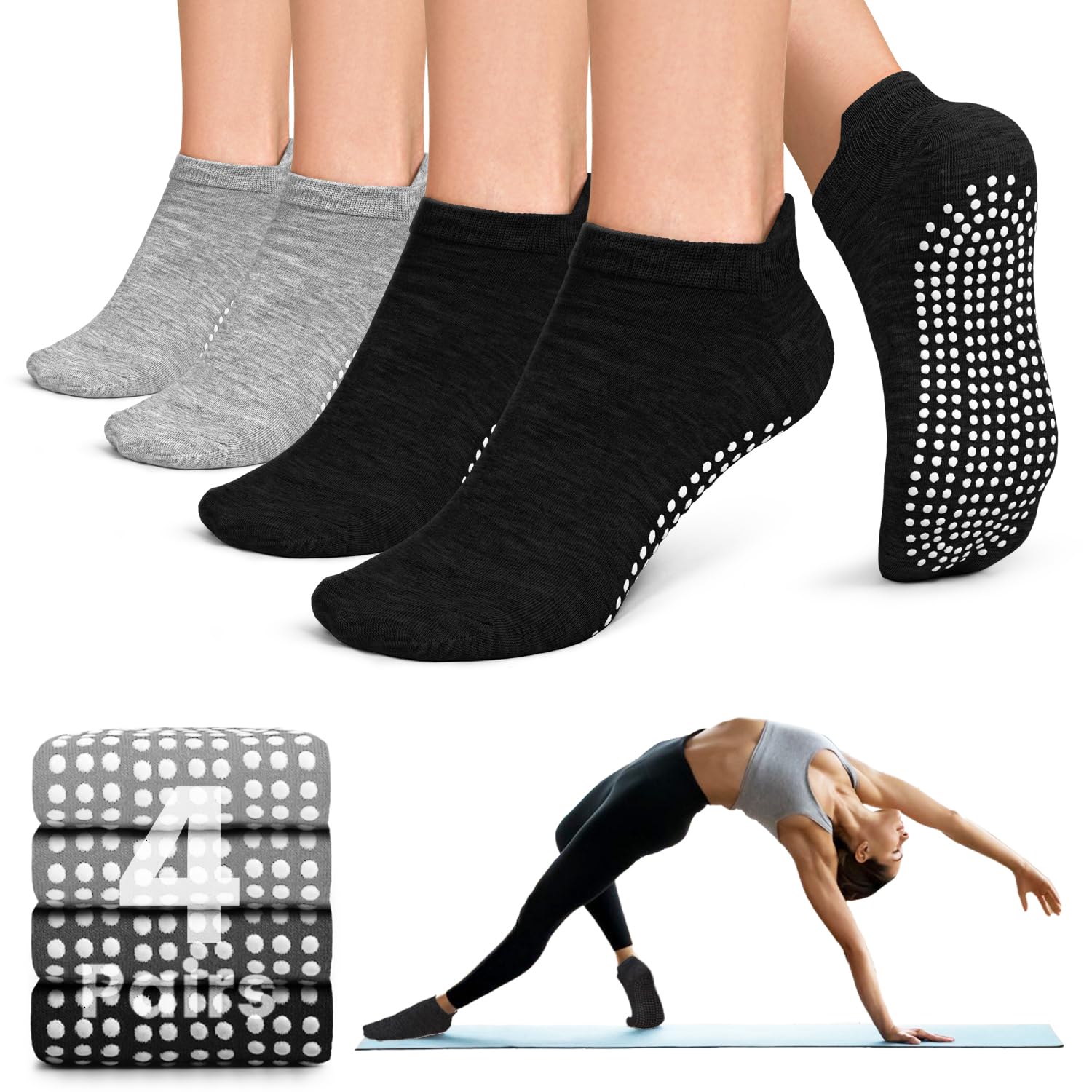 Non-Slip Yoga Socks for Women - 4/6 Pairs Grippy Pilates Socks for Barre & Hospital Use