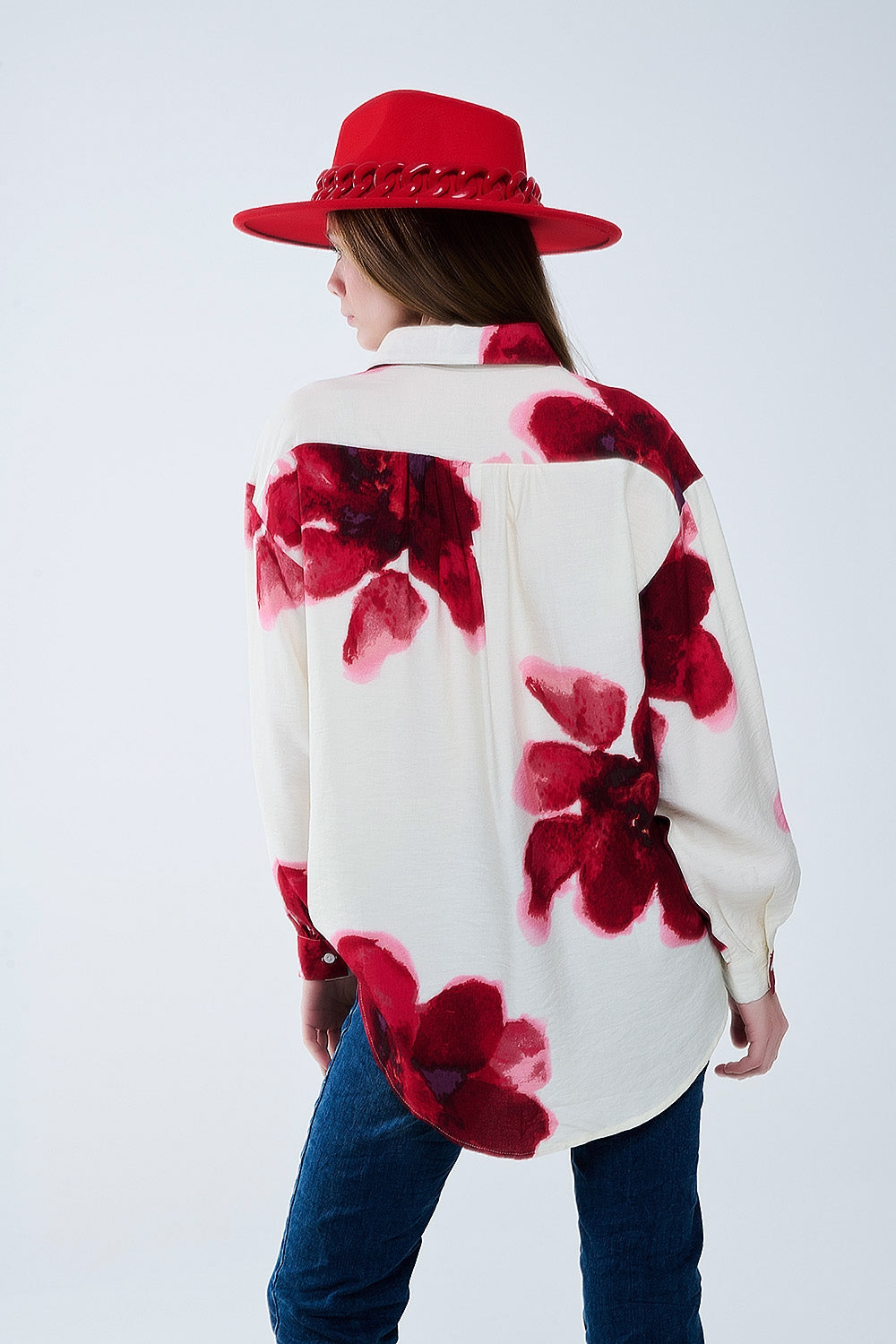 Casual Beige Shirt with Red Tropical Flower Print - Perfect for Summer Outings, Beach Vacations & Boho Style