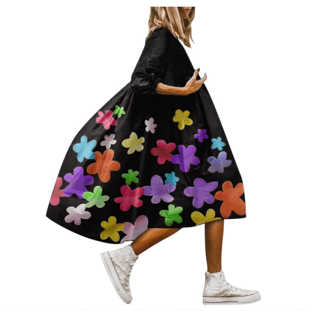 Women's Plus Size Floral Print Maxi Dress - Loose Fit Long Sleeve Black Midi Dress for Dating & Fall Outfits | Comfortable Casual & Evening Wear