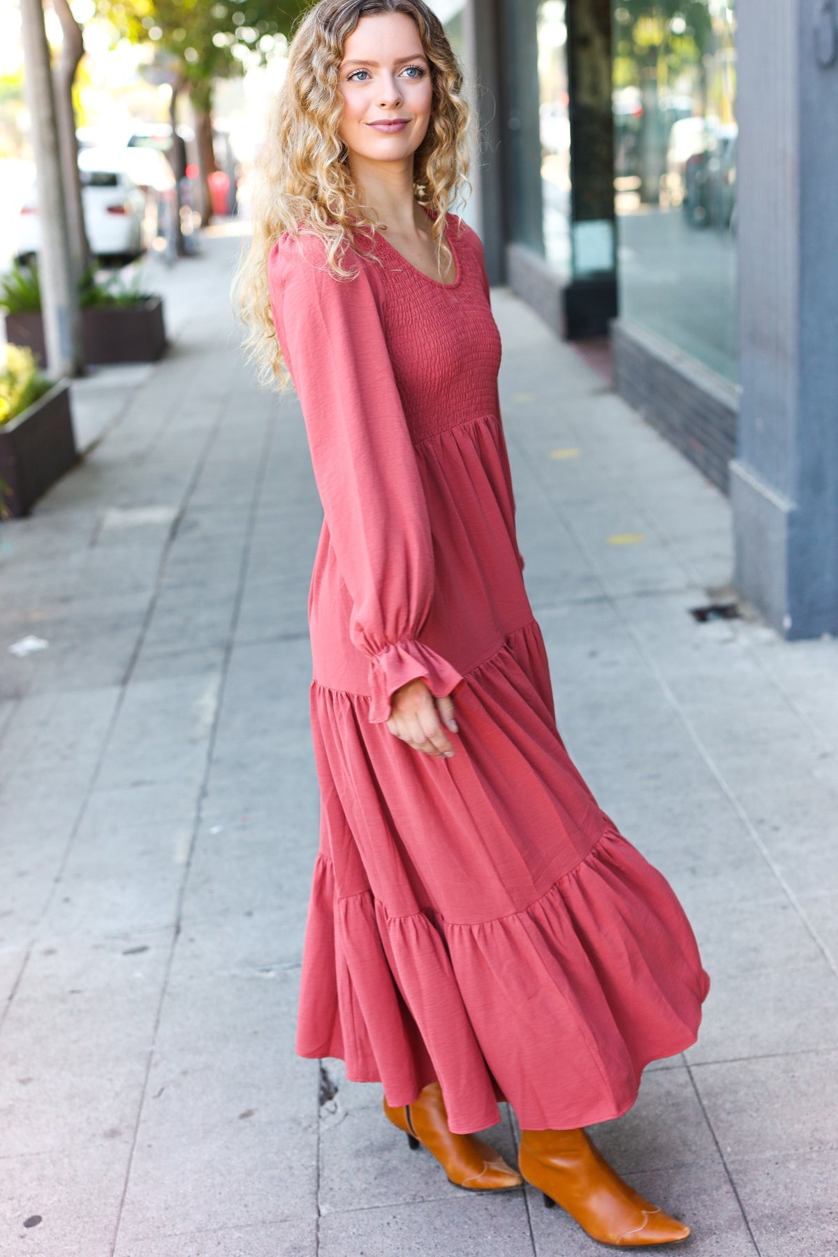 Beautiful You Lock Eyes Marsala Smocked Ruffle Sleeve Maxi Dress - Elegant Women's Long Dress for Weddings, Parties & Special Occasions