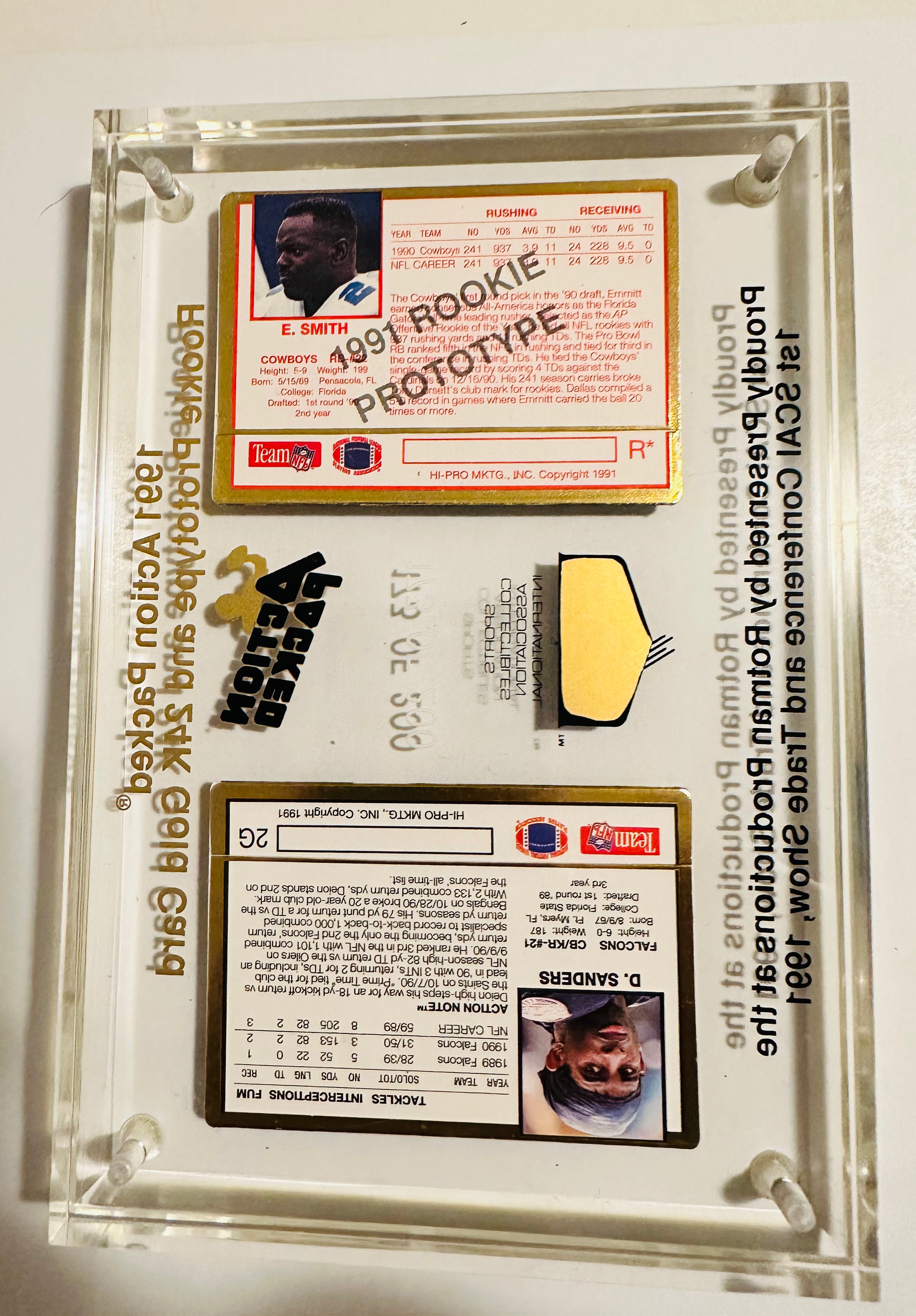 Rare Limited Edition SCA Dinner Lucite Football Display with Emmitt Smith Rookie Promo #173/200 - Perfect for Sports Memorabilia Collectors and Dallas Cowboys Fans
