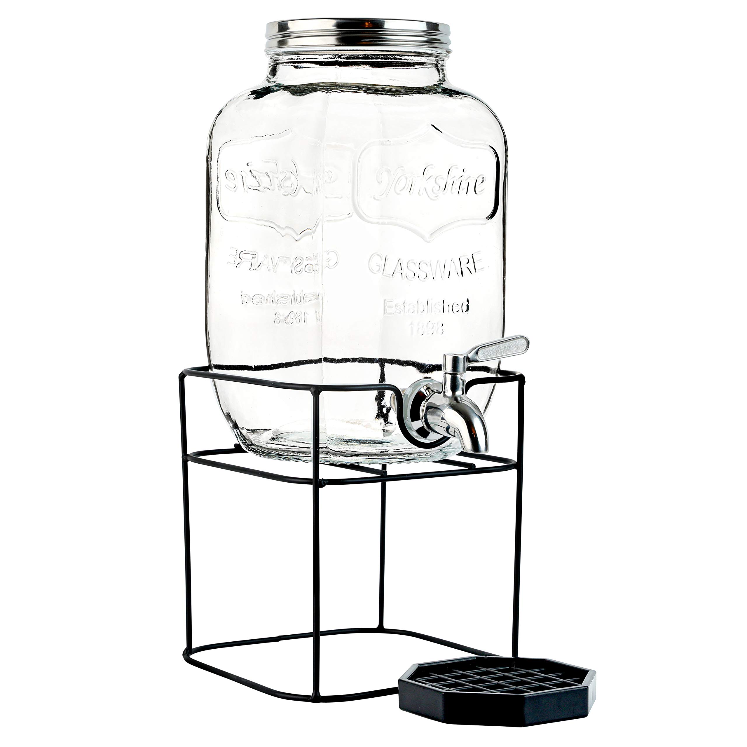 1 Gallon Glass Beverage Dispenser with Stainless Steel Spigot & Metal Stand - Large Mason Jar Drink Dispenser for Parties, Weddings, BBQs, Sun Tea, Iced Tea, Kombucha - Perfect for Outdoor Events, Catering & Home Entertaining