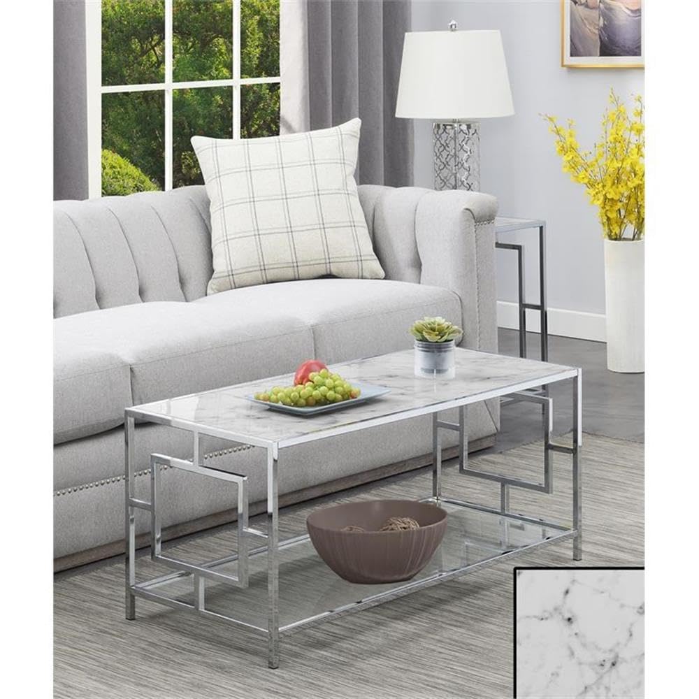 Modern Chrome Glass Coffee Table with White Faux Marble Top - Stylish Living Room Center Table for Home Decor & Small Space Furniture