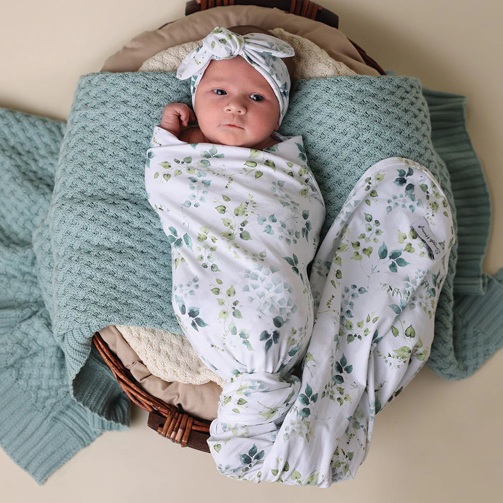 Snuggle Hunny Baby Jersey Wrap & Topknot Set - Soft Cotton Newborn Swaddle Blanket & Headband Outfit for Girls - Perfect for Photography, Baby Shower Gifts & Nursery Essentials