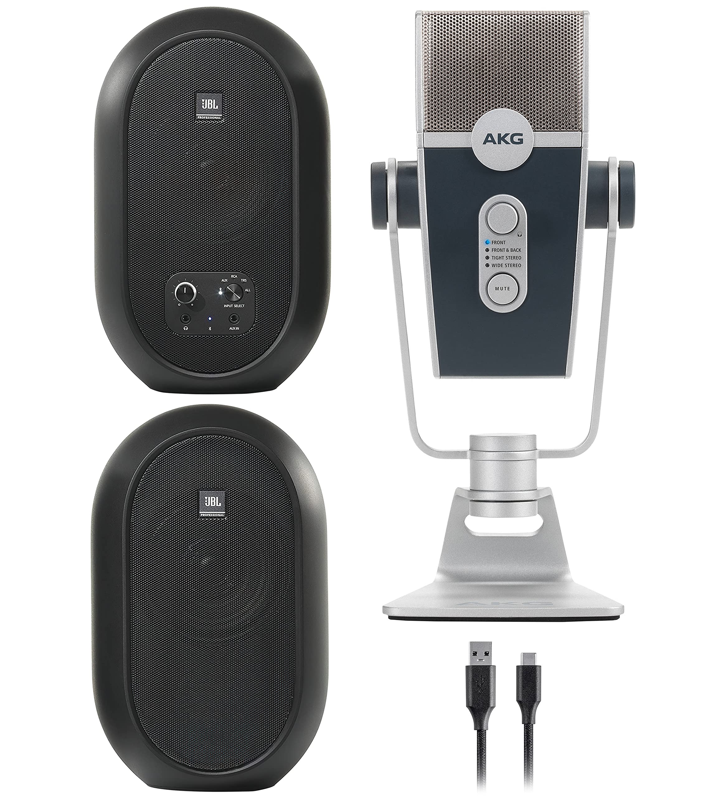 JBL Professional 1 Series 104-BT Compact Desktop Reference Monitors with Bluetooth - Pair Bundle with AKG Lyra Ultra-HD USB-C Microphone - Premium Studio Monitors for Music Production, Podcasting & Home Recording